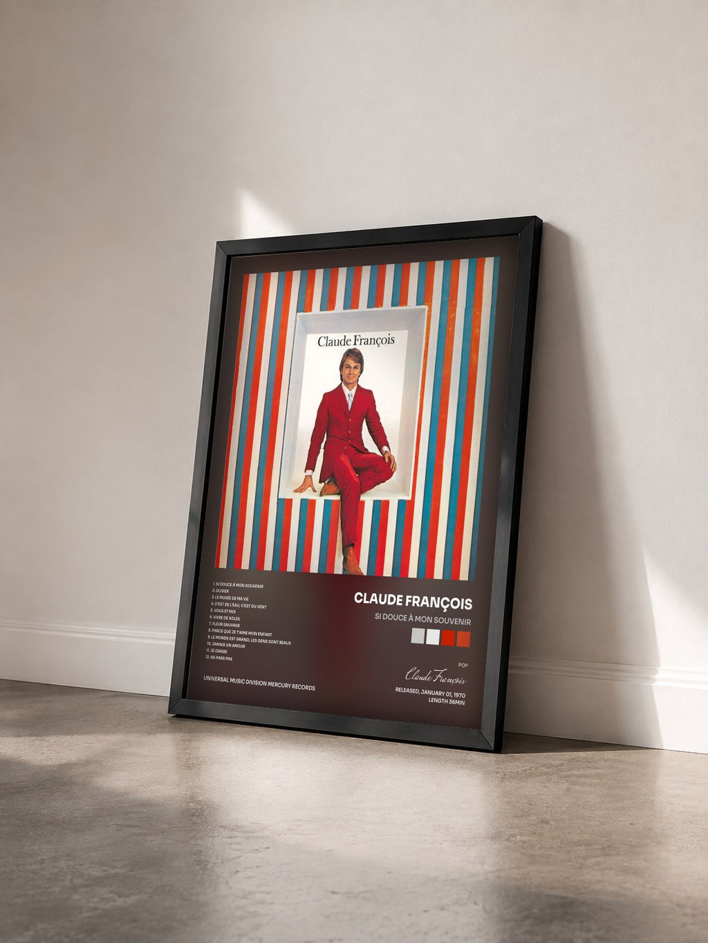 #noir Si douce à mon souvenir by Claude François as a framed art print seen at an angle, black frame