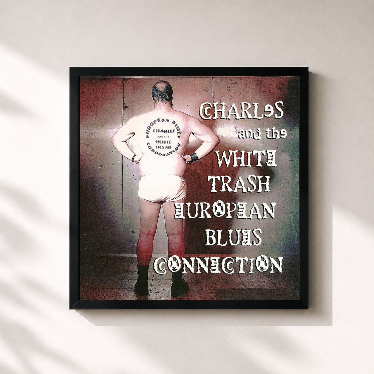 #noir Tableau carré de l'album Charles & The White Trash European Blues Connection de Arno, cadre noir 32x32 cm
