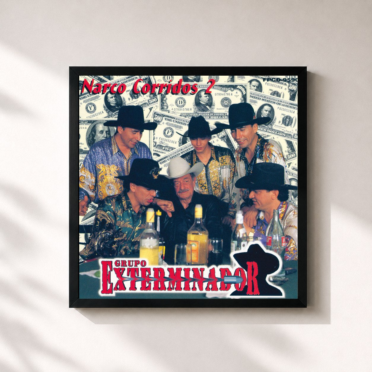 #noir Tableau carré de l'album Narco Corridos de Grupo Exterminador, cadre noir 32x32 cm