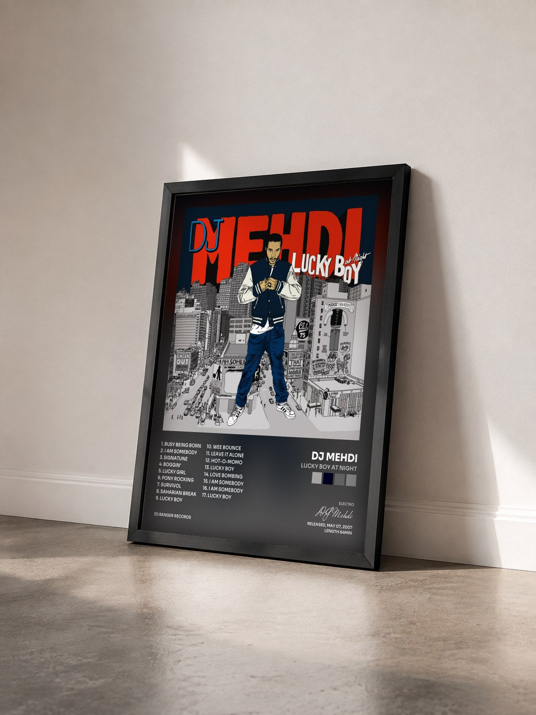 #noir Tableau de l'album Lucky Boy At Night de DJ Mehdi vu de trois quarts, cadre noir
