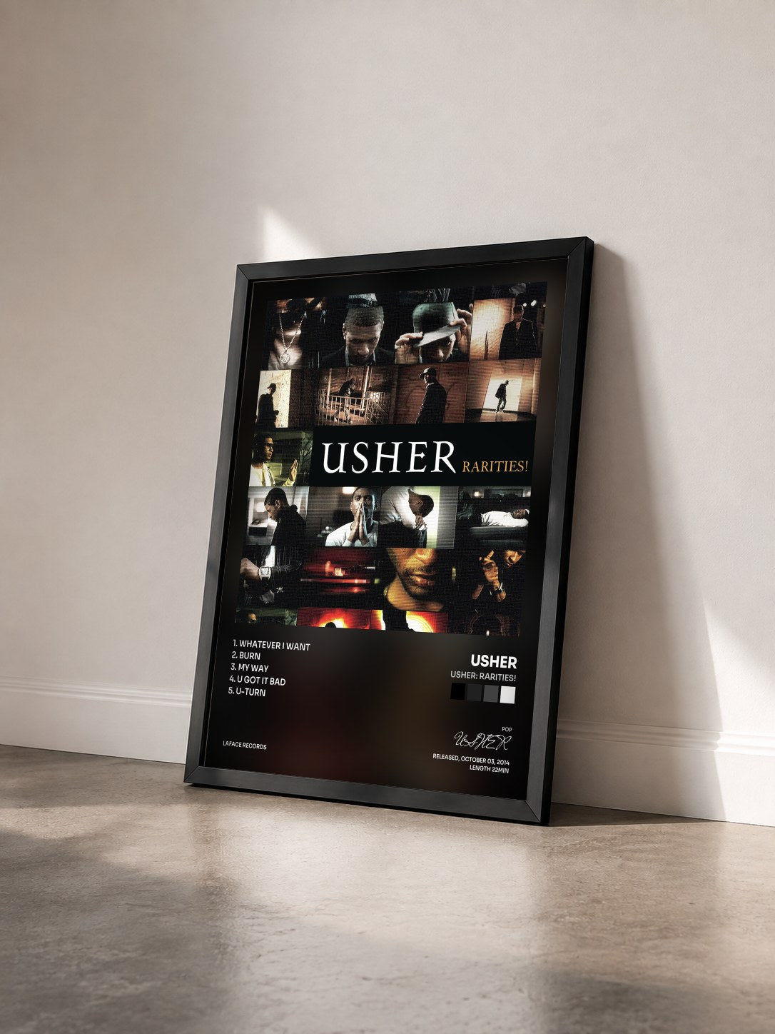 #noir Tableau de l'album Usher: Rarities! de USHER vu de trois quarts, cadre noir