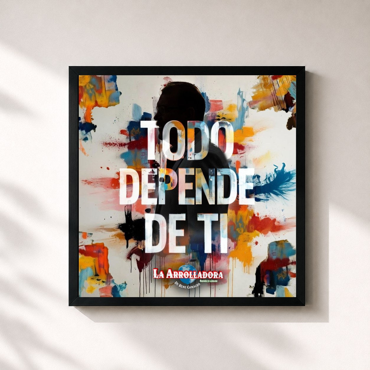 #noir Tableau carré de l'album Todo Depende De Ti de La Arrolladora Banda El Limón De Rene Camacho, cadre noir 32x32 cm
