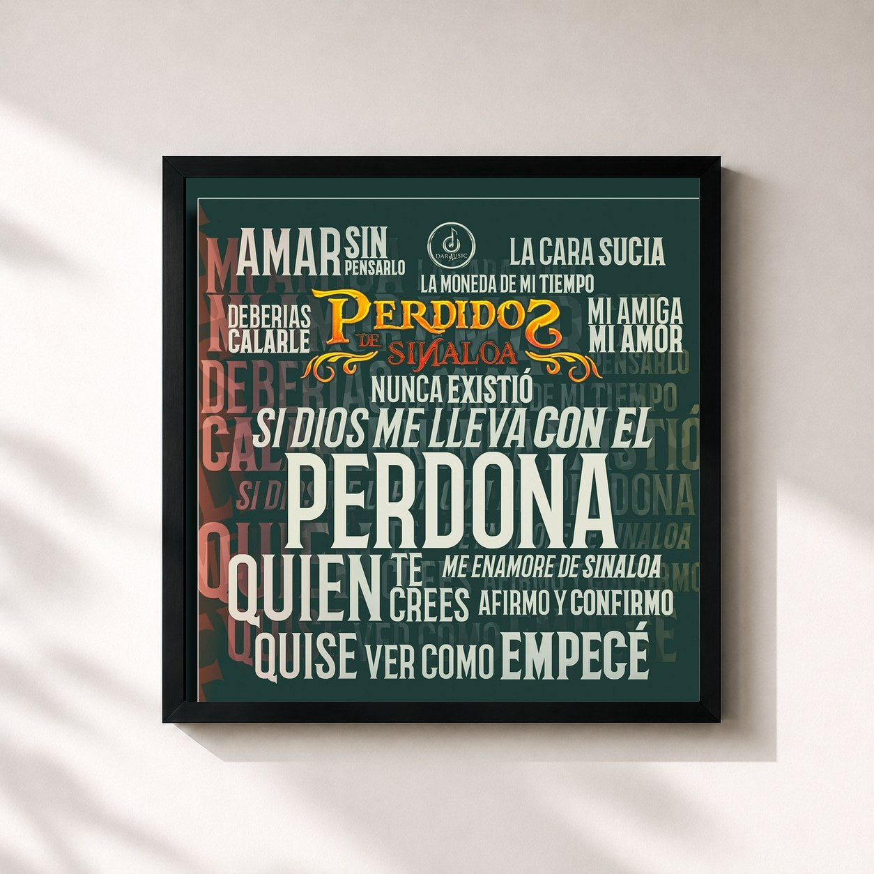 #noir Tableau carré de l'album Perdona de Perdidos De Sinaloa, cadre noir 32x32 cm