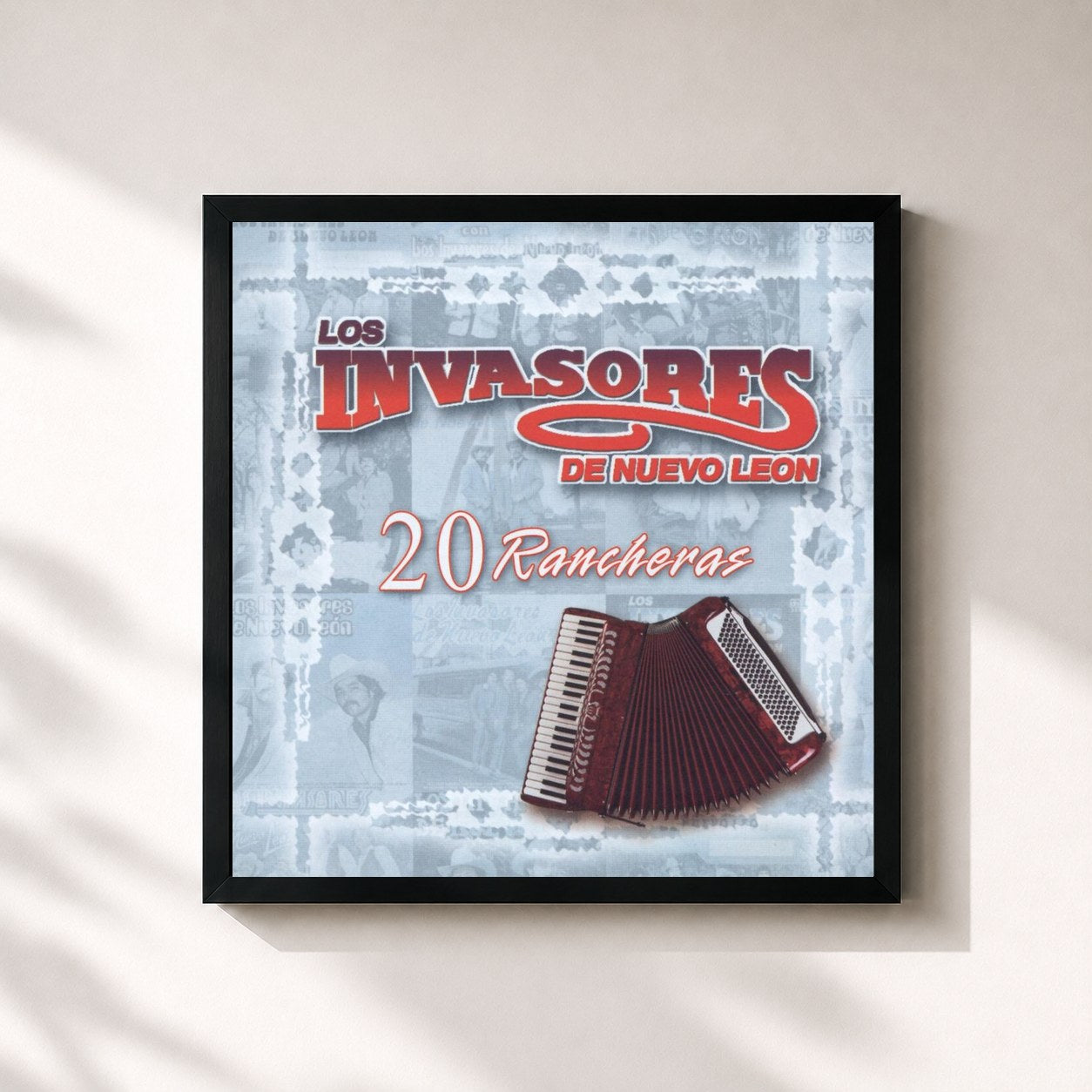 #noir Tableau carré de l'album 20 Rancheras de Los Invasores De Nuevo León, cadre noir 32x32 cm