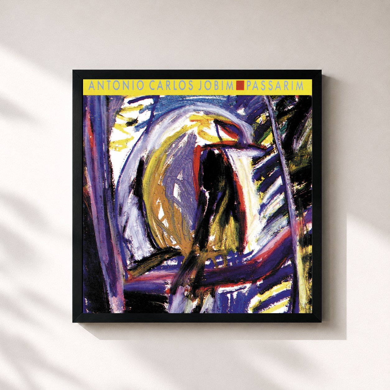 #noir Tableau carré de l'album Passarim de Antonio Carlos Jobim, cadre noir 32x32 cm