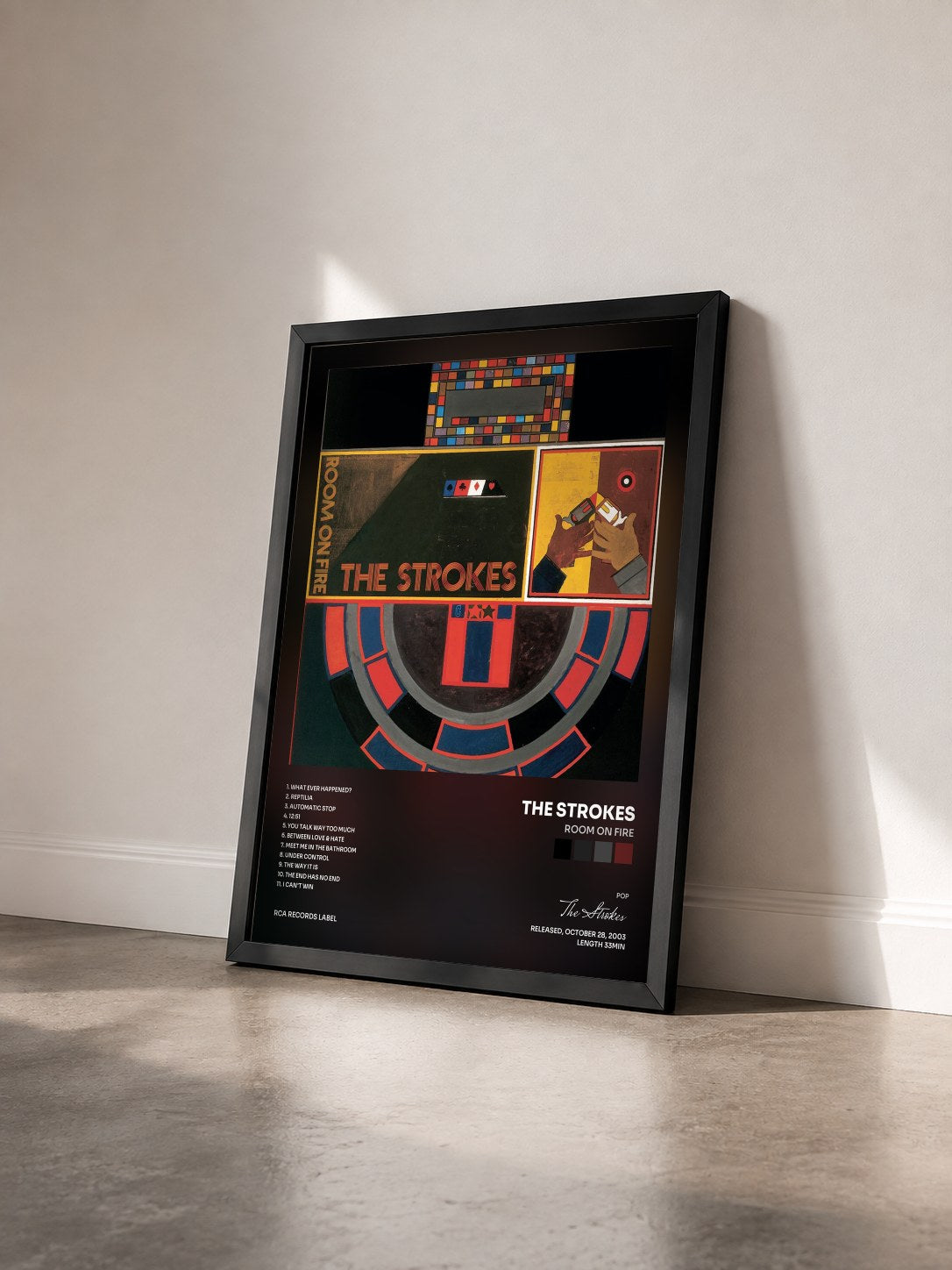 #noir Room On Fire by The Strokes as a framed art print seen at an angle, black frame