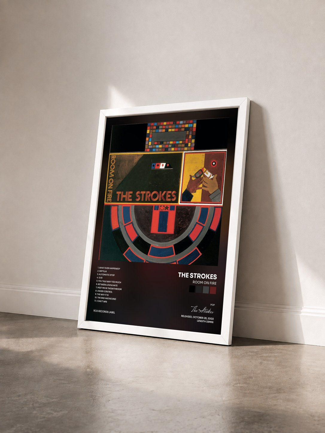 #blanc Room On Fire by The Strokes as a framed art print seen at an angle, white frame