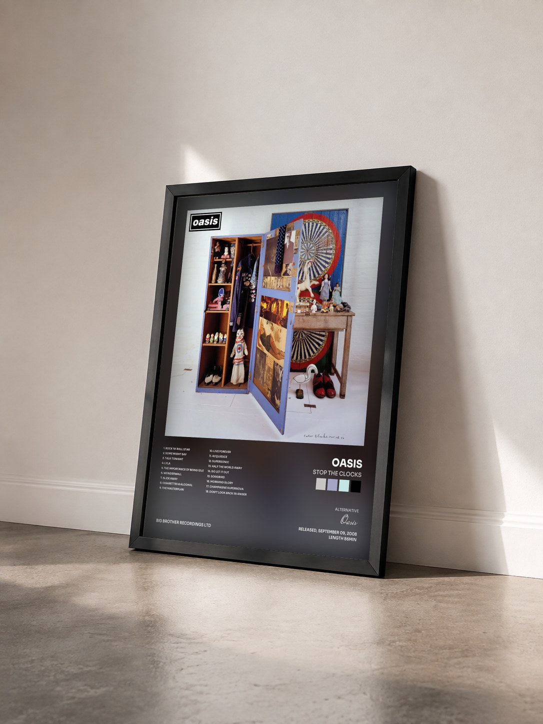 #noir Tableau de l'album Stop The Clocks de Oasis vu de trois quarts, cadre noir