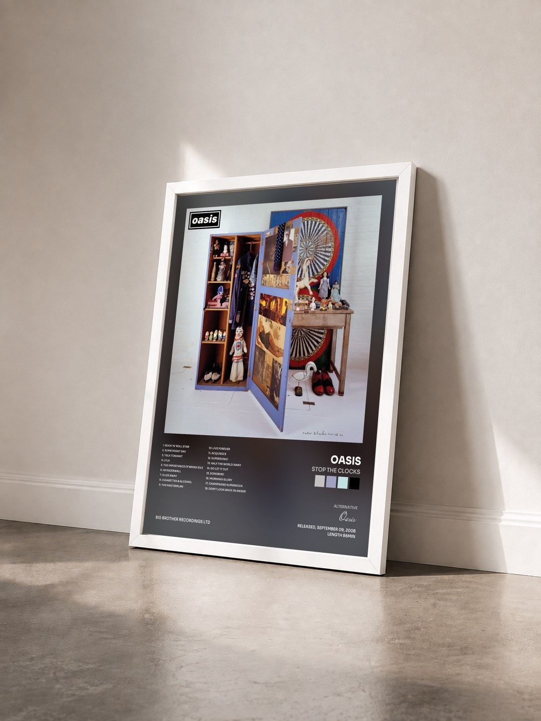 #blanc Tableau de l'album Stop The Clocks de Oasis vu de trois quarts, cadre blanc