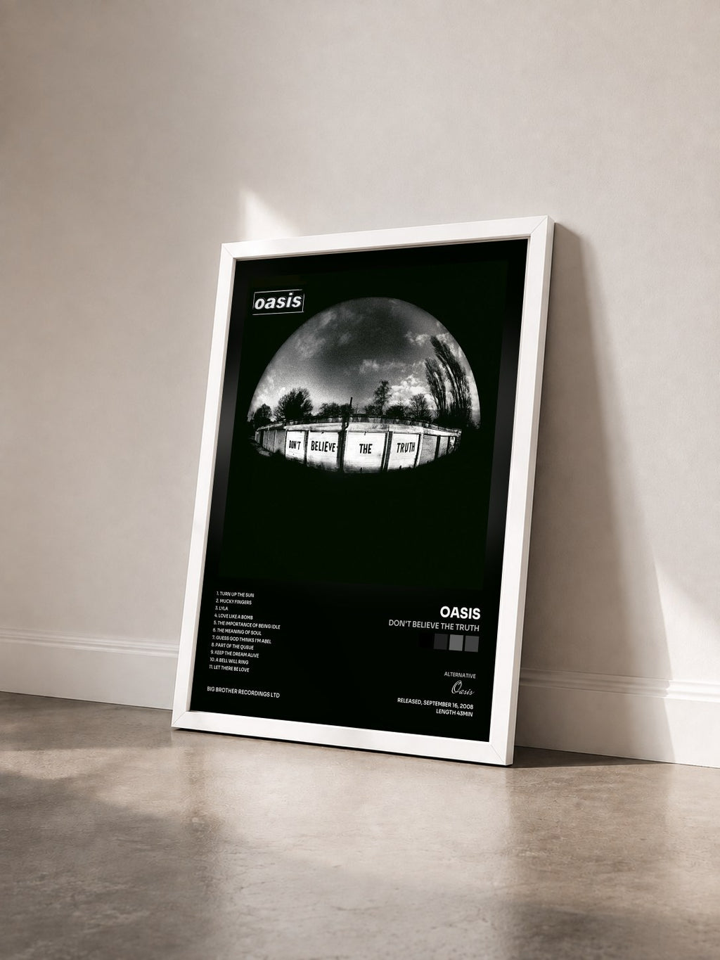 #blanc Tableau de l'album Don't Believe The Truth de Oasis vu de trois quarts, cadre blanc