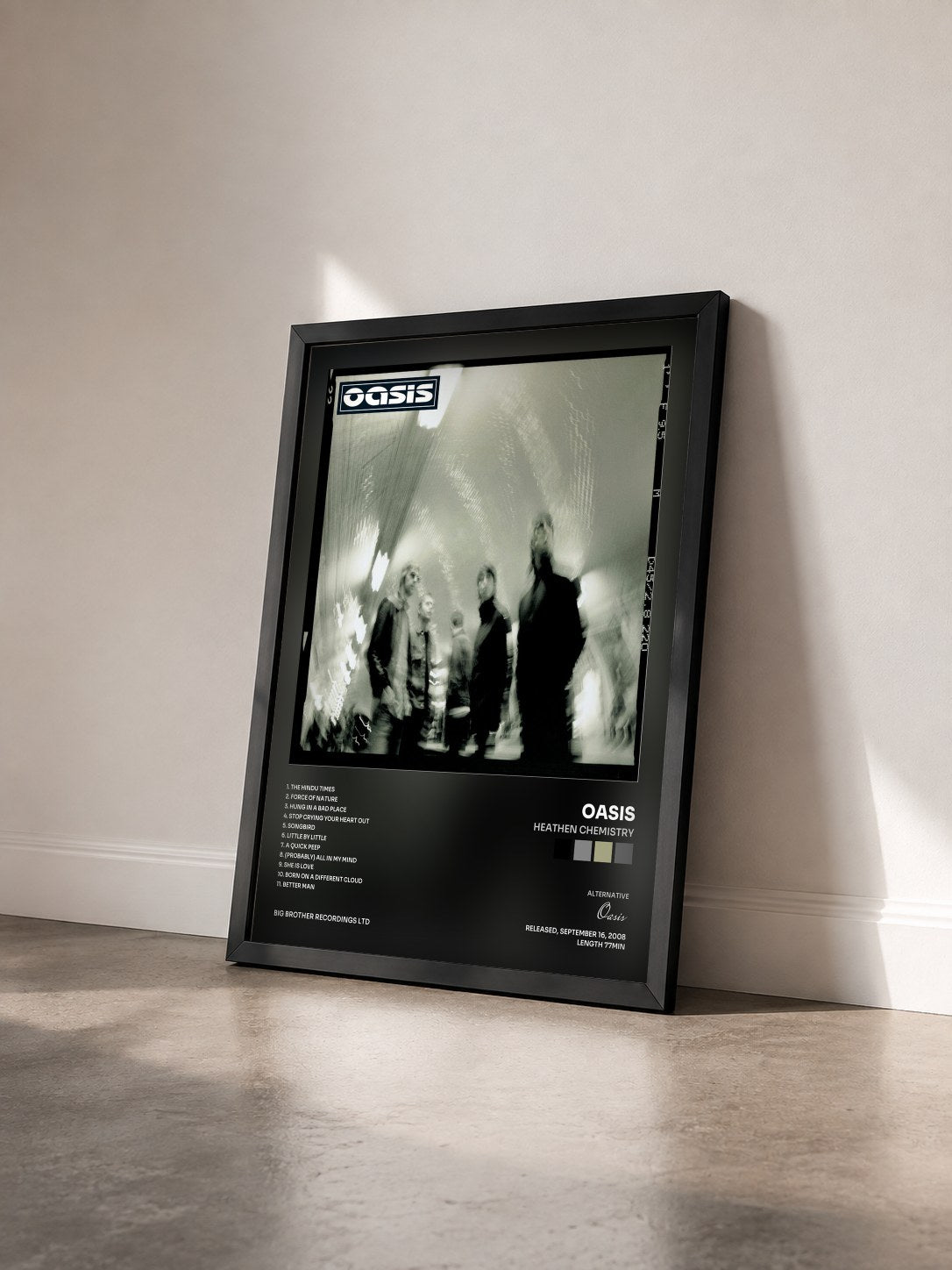 #noir Tableau de l'album Heathen Chemistry de Oasis vu de trois quarts, cadre noir