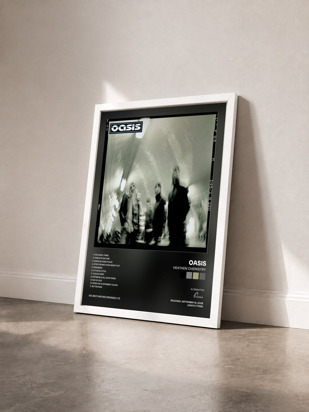 #blanc Tableau de l'album Heathen Chemistry de Oasis vu de trois quarts, cadre blanc