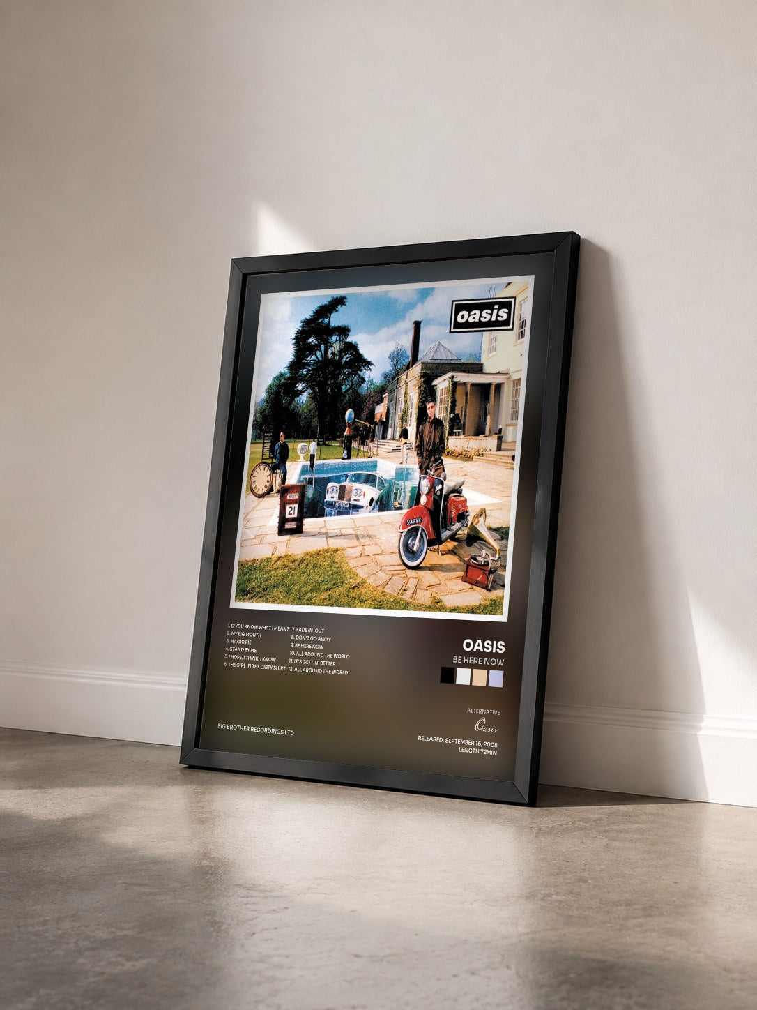 #noir Tableau de l'album Be Here Now de Oasis vu de trois quarts, cadre noir
