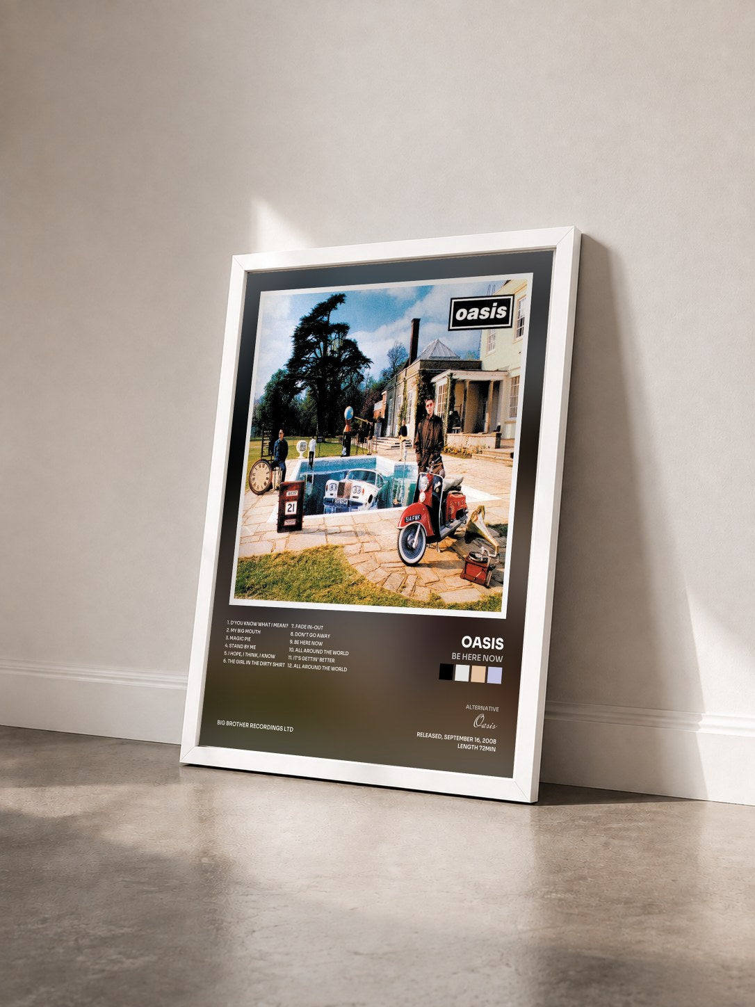 #blanc Tableau de l'album Be Here Now de Oasis vu de trois quarts, cadre blanc