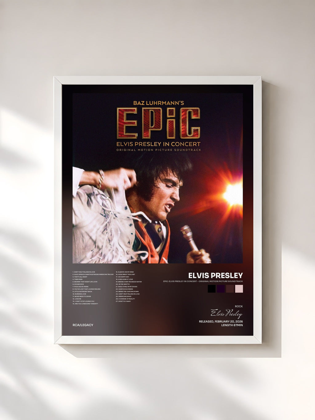 #blanc EPiC: Elvis Presley in Concert - Original Motion Picture Soundtrack by Elvis Presley as a framed art print, white frame, printed and framed in France