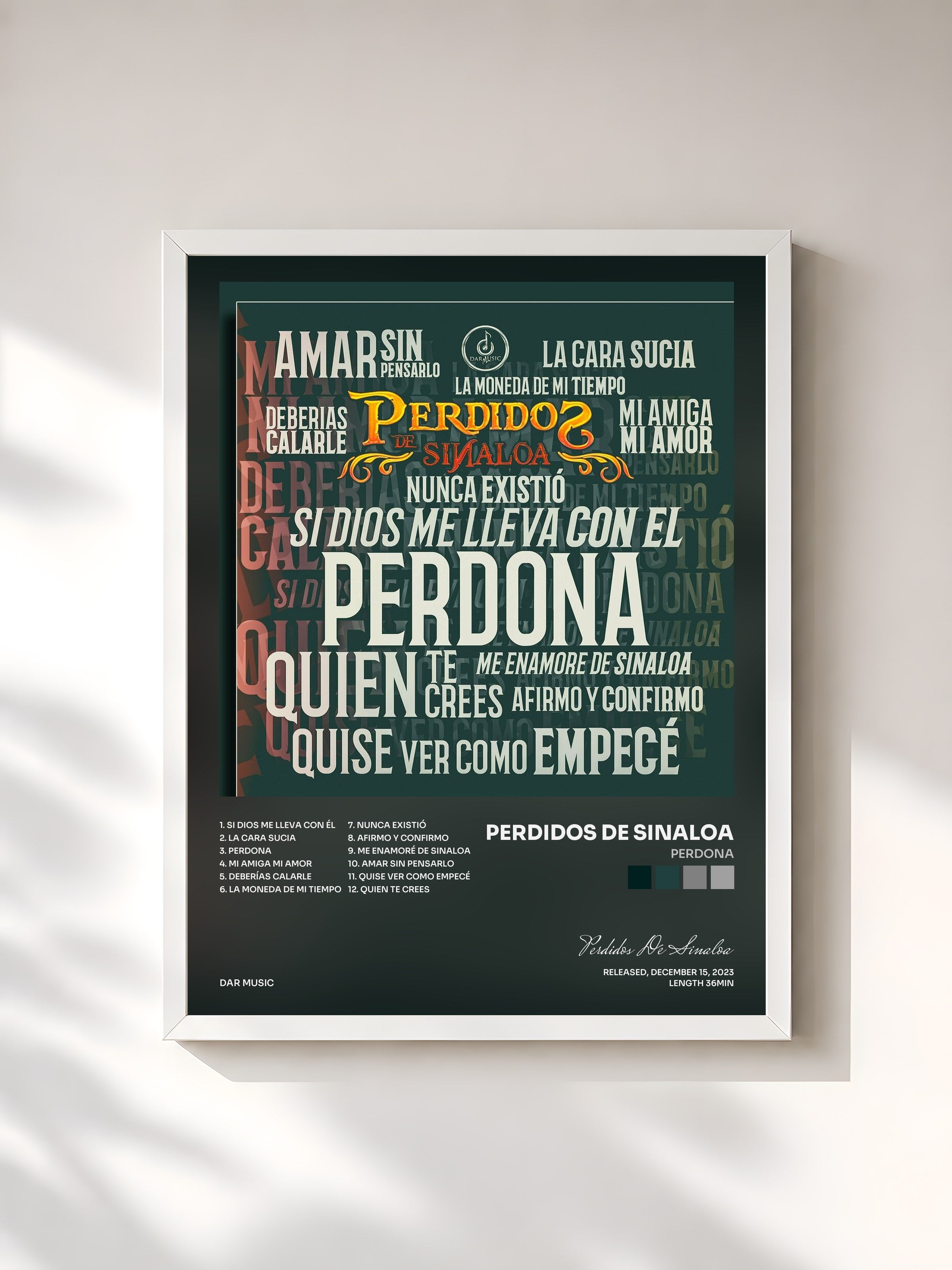 #blanc Tableau de l'album Perdona de Perdidos De Sinaloa, cadre blanc, imprimé et encadré en France