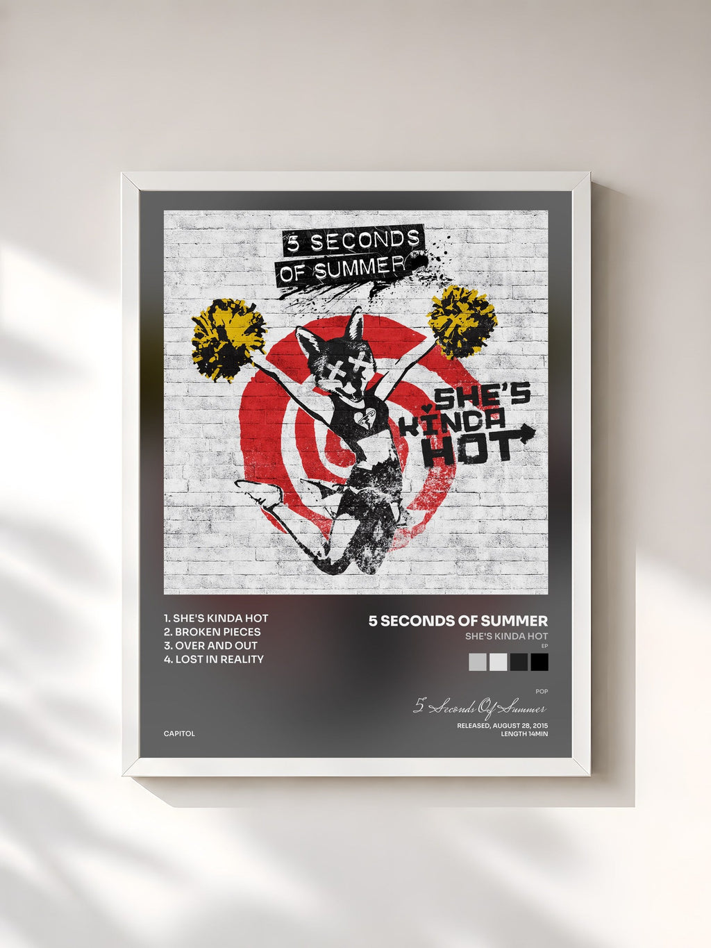 #blanc Tableau de l'album She's Kinda Hot (EP) de 5 Seconds Of Summer, cadre blanc, imprimé et encadré en France