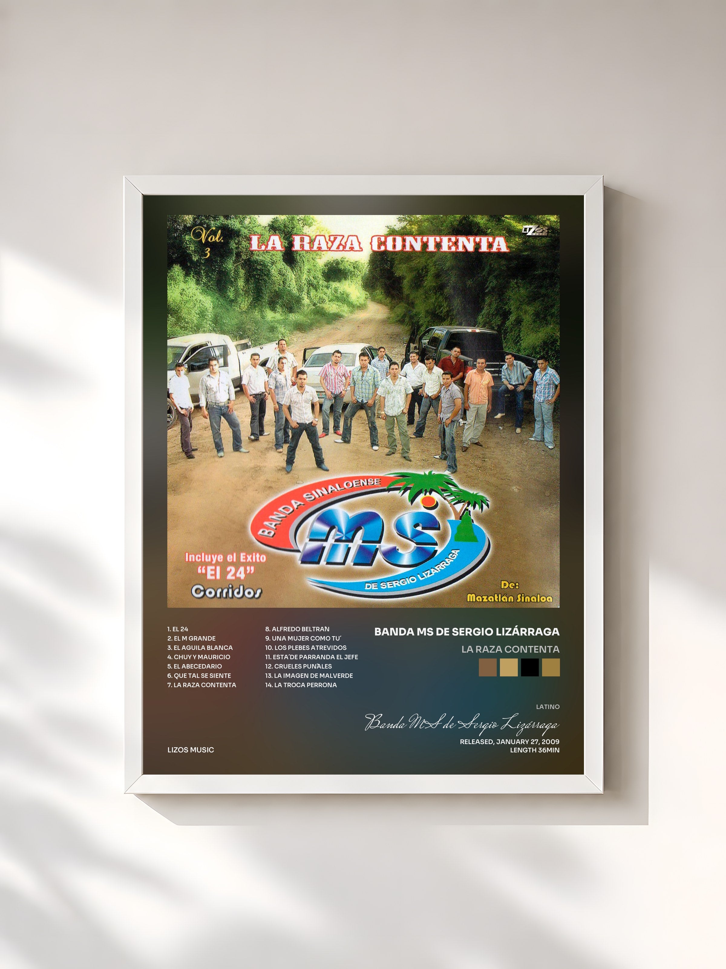 #blanc Tableau de l'album La Raza Contenta de Banda MS de Sergio Lizárraga, cadre blanc, imprimé et encadré en France