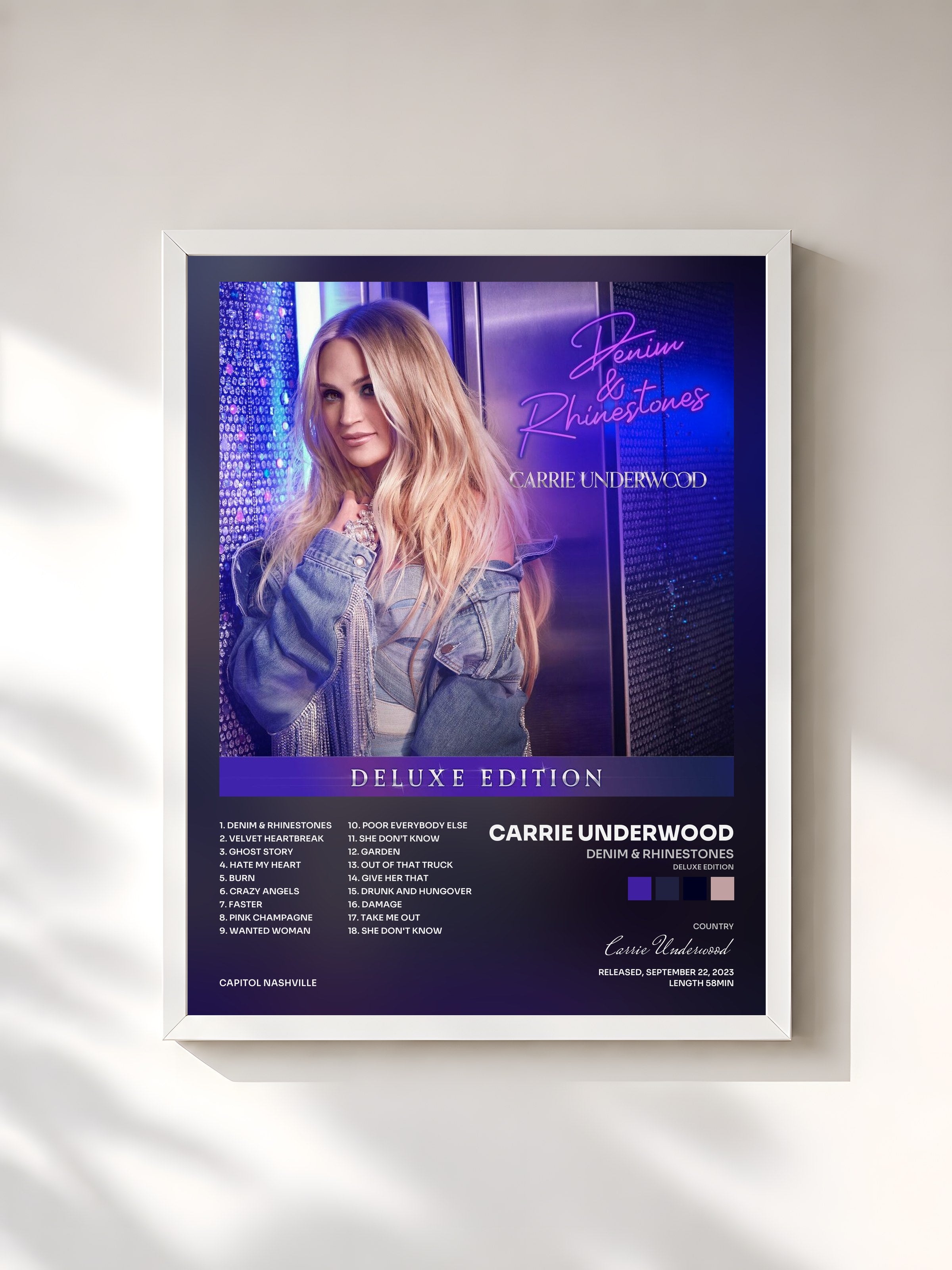 #blanc Tableau de l'album Denim & Rhinestones (Deluxe Edition) de Carrie Underwood, cadre blanc, imprimé et encadré en France