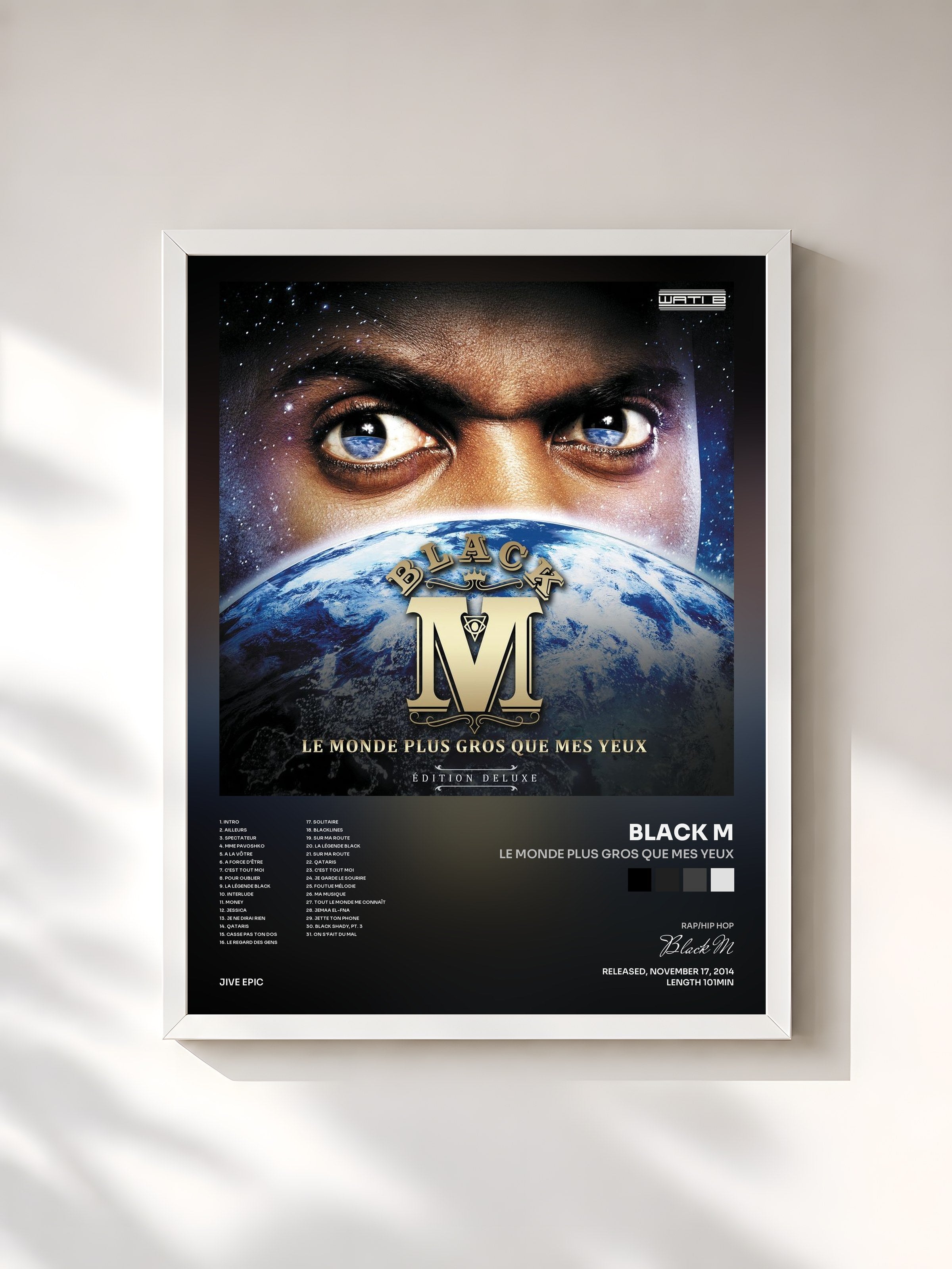 #blanc Tableau de l'album Le monde plus gros que mes yeux de Black M, cadre blanc, imprimé et encadré en France