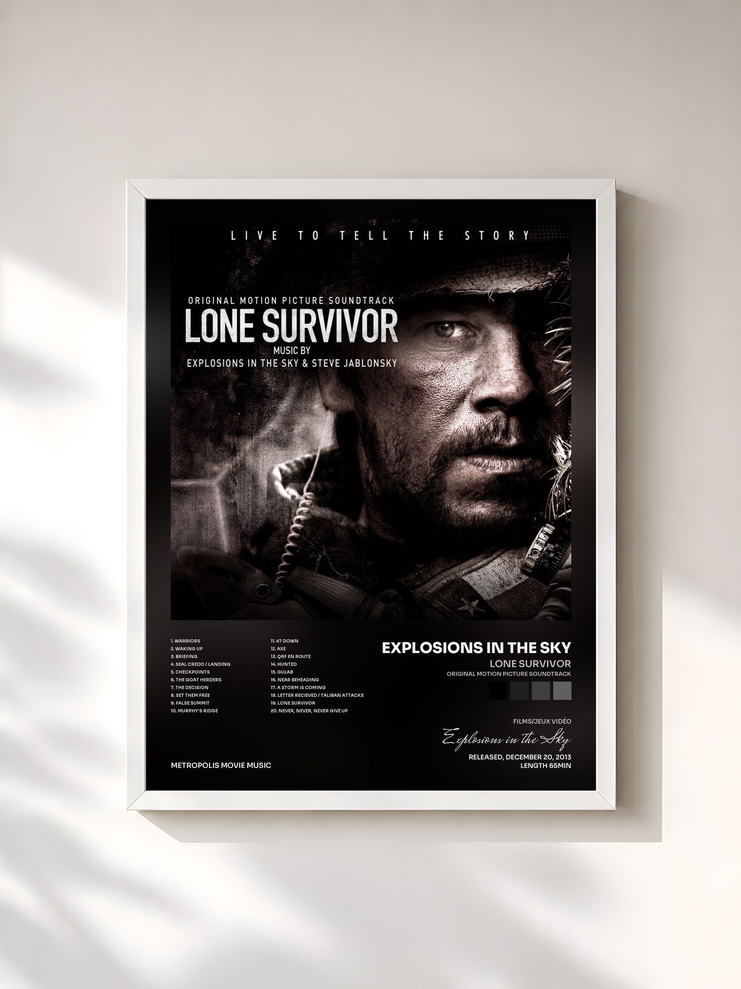#blanc Tableau de l'album Lone Survivor (Original Motion Picture Soundtrack) de Explosions in the Sky, cadre blanc, imprimé et encadré en France