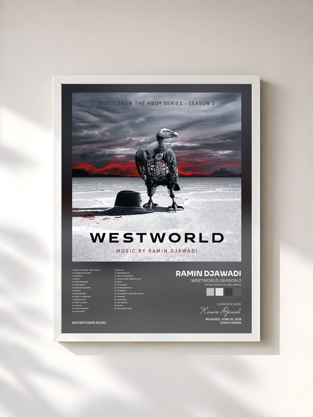 #blanc Tableau de l'album Westworld: Season 2 (Music From the HBO Series) de Ramin Djawadi, cadre blanc, imprimé et encadré en France