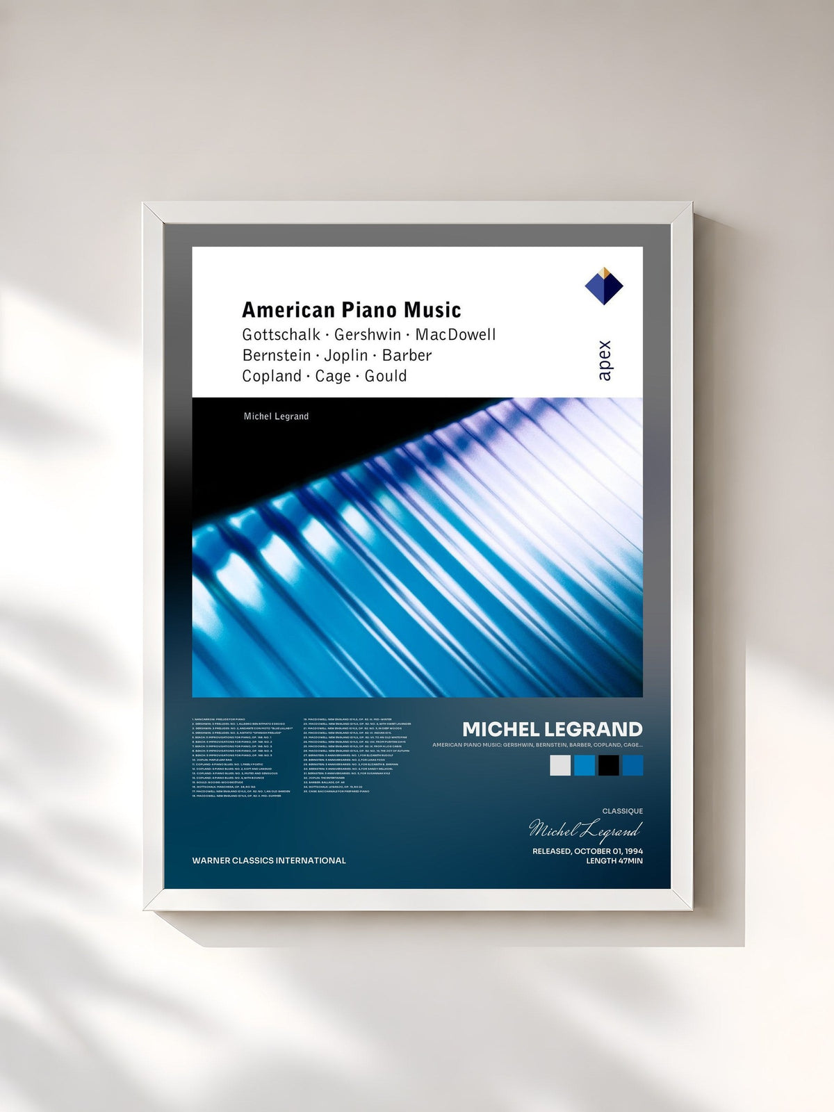 #blanc Tableau de l'album American Piano Music: Gershwin, Bernstein, Barber, Copland, Cage... de Michel Legrand, cadre blanc, imprimé et encadré en France