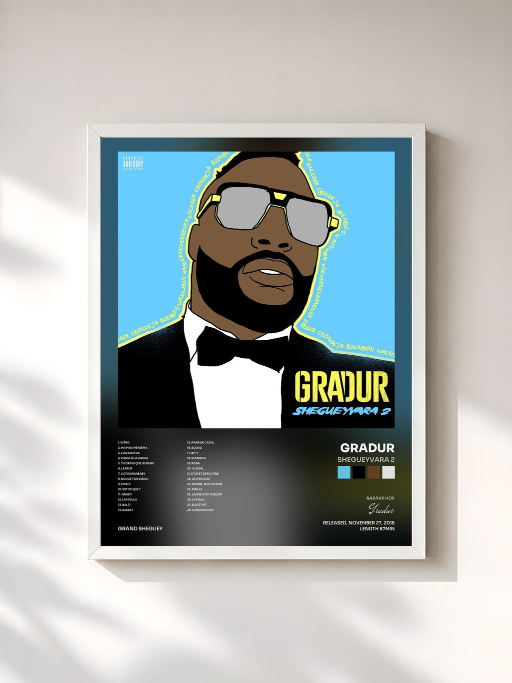 #blanc Tableau de l'album ShegueyVara 2 de Gradur, cadre blanc, imprimé et encadré en France