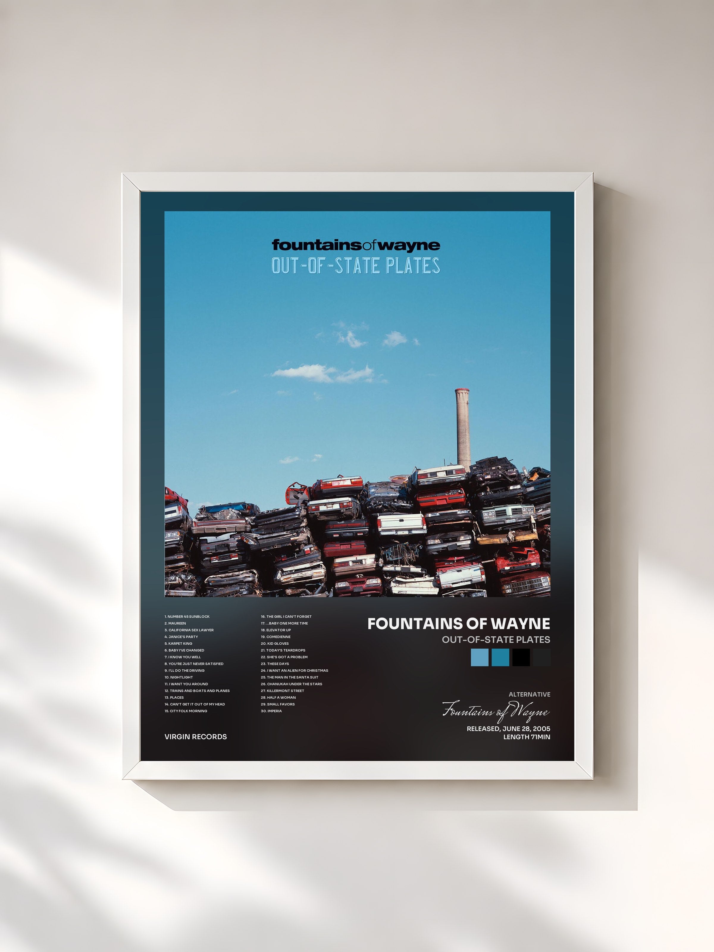 #blanc Tableau de l'album Out-Of-State Plates de Fountains of Wayne, cadre blanc, imprimé et encadré en France