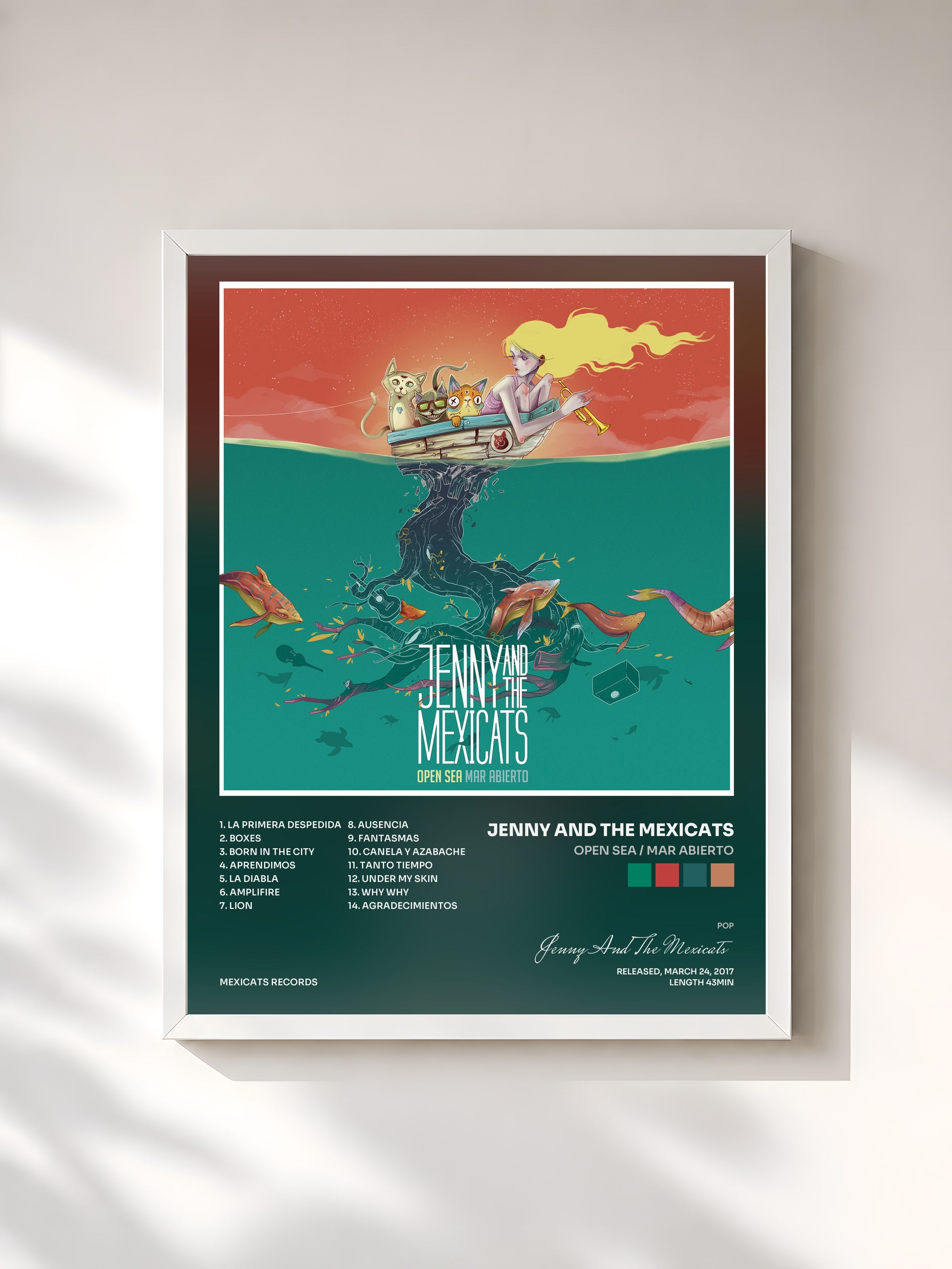 #blanc Tableau de l'album Open Sea / Mar Abierto de Jenny And The Mexicats, cadre blanc, imprimé et encadré en France