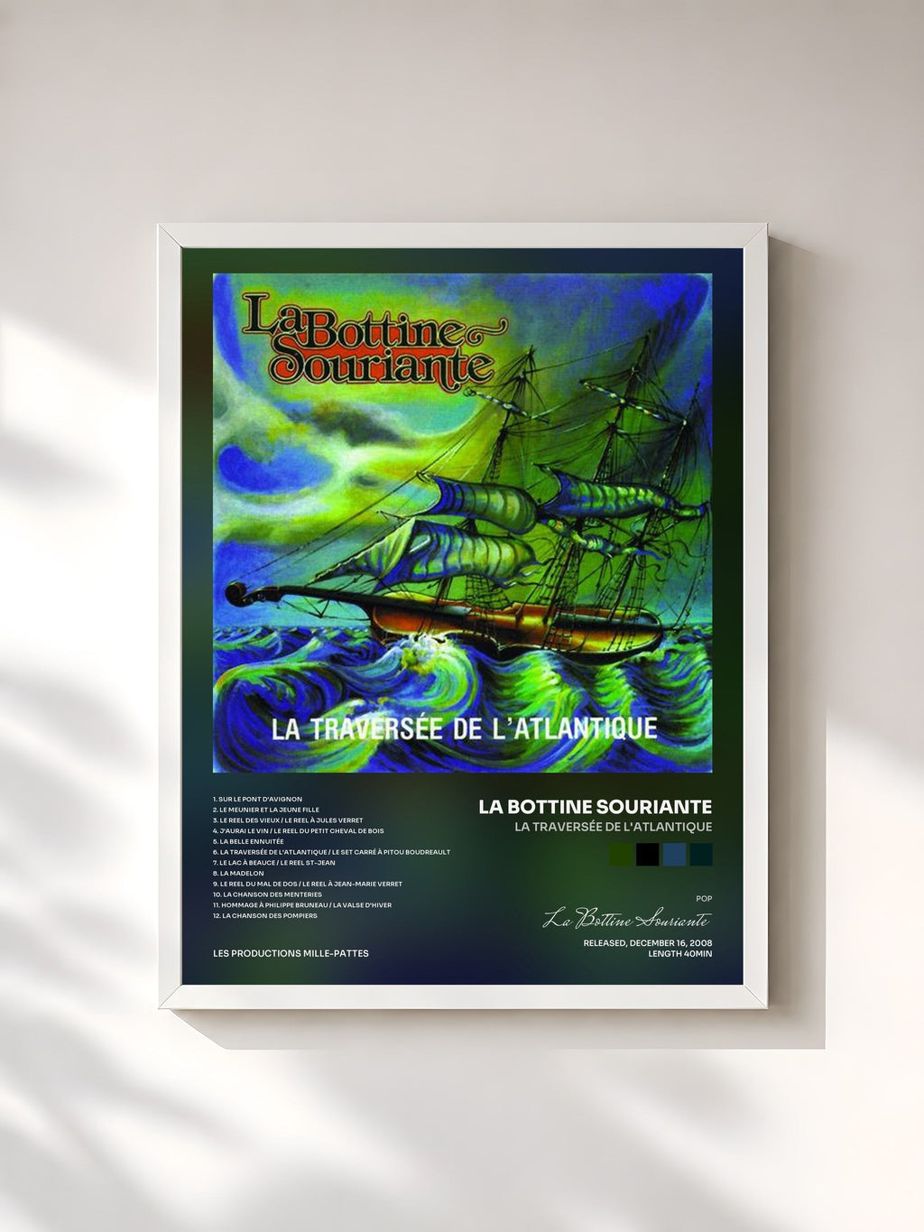 #blanc Tableau de l'album La traversée de l'Atlantique de La Bottine Souriante, cadre blanc, imprimé et encadré en France