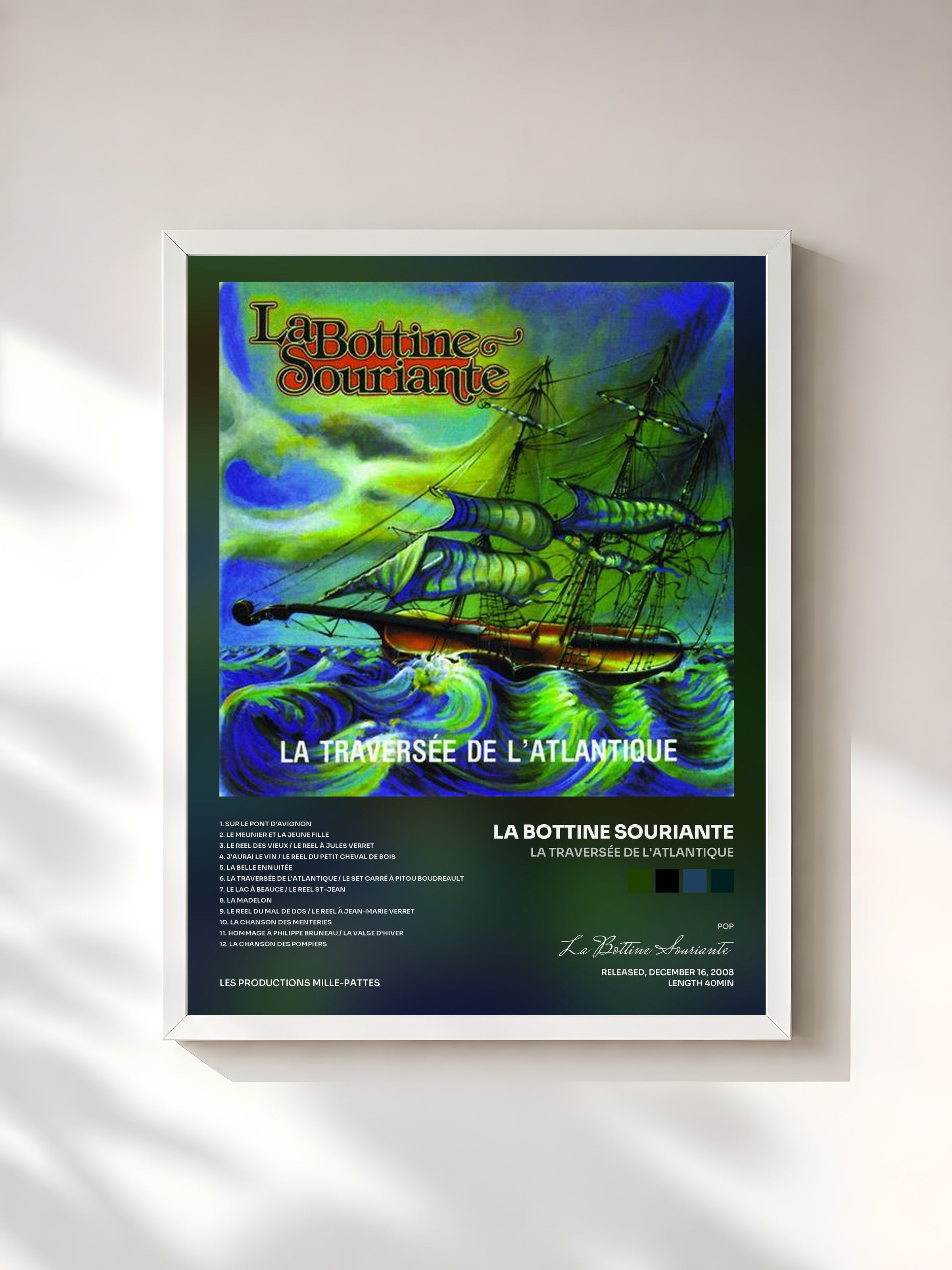 #blanc Tableau de l'album La traversée de l'Atlantique de La Bottine Souriante, cadre blanc, imprimé et encadré en France