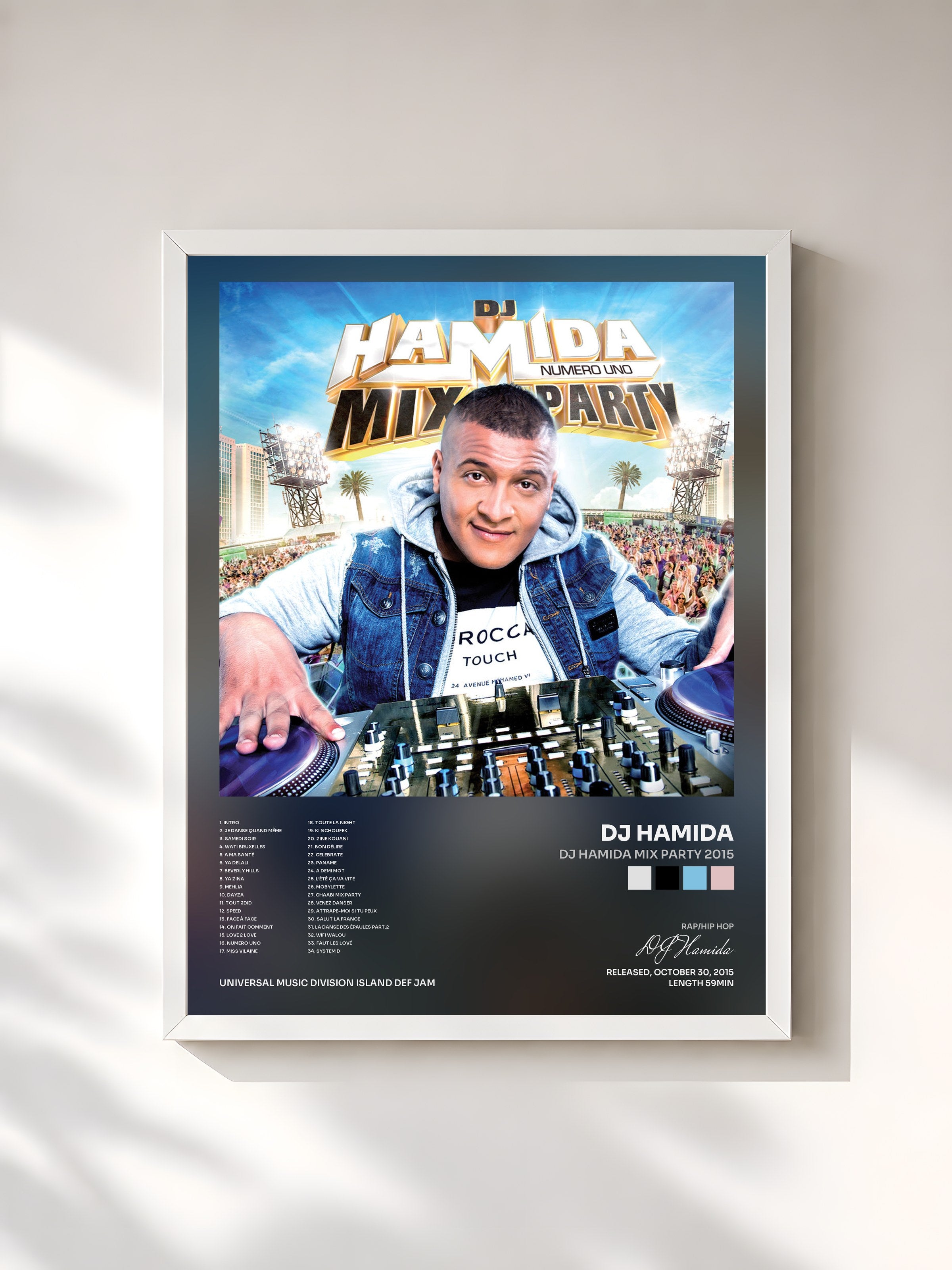 #blanc Tableau de l'album DJ Hamida Mix Party 2015 de DJ Hamida, cadre blanc, imprimé et encadré en France
