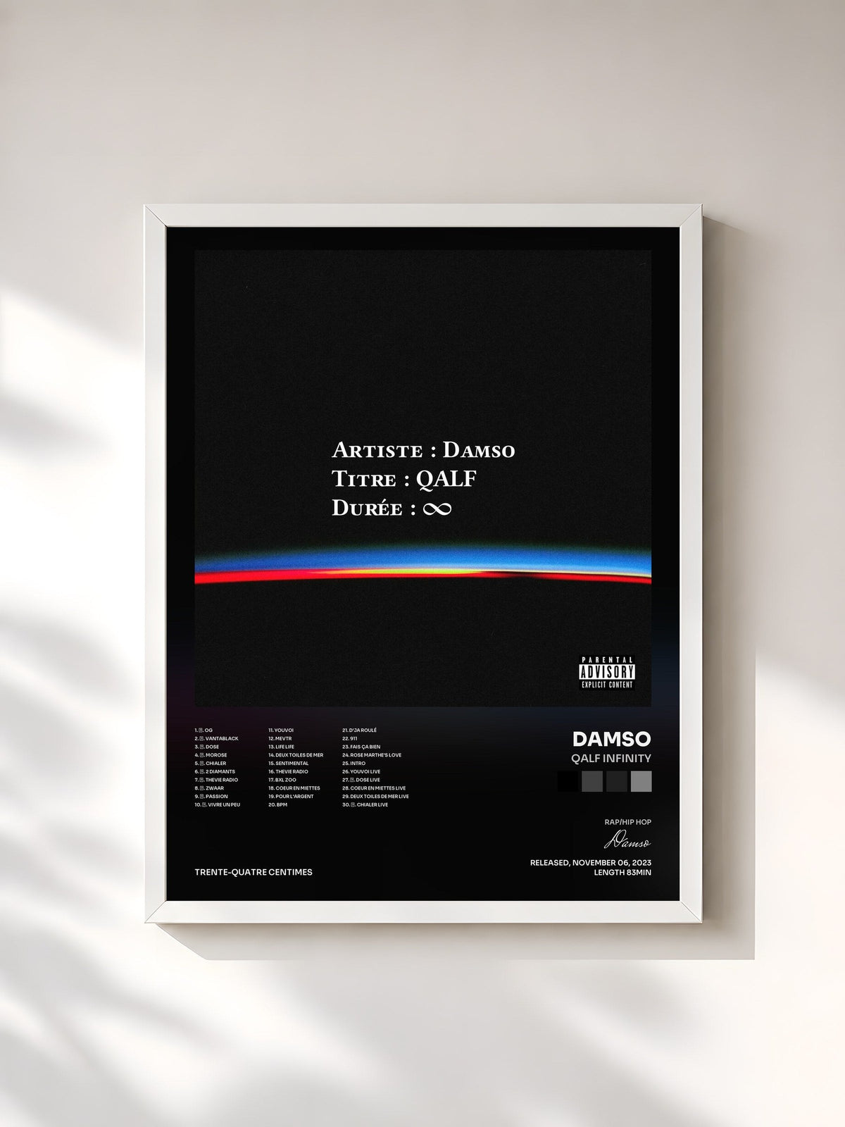 #blanc Tableau de l'album QALF infinity de Damso, cadre blanc, imprimé et encadré en France