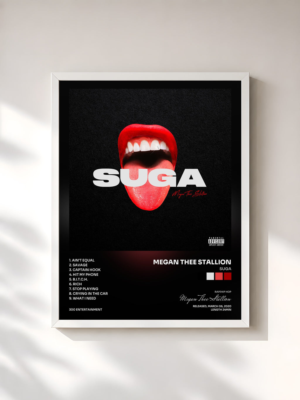 #blanc Tableau de l'album Suga de Megan Thee Stallion, cadre blanc, imprimé et encadré en France