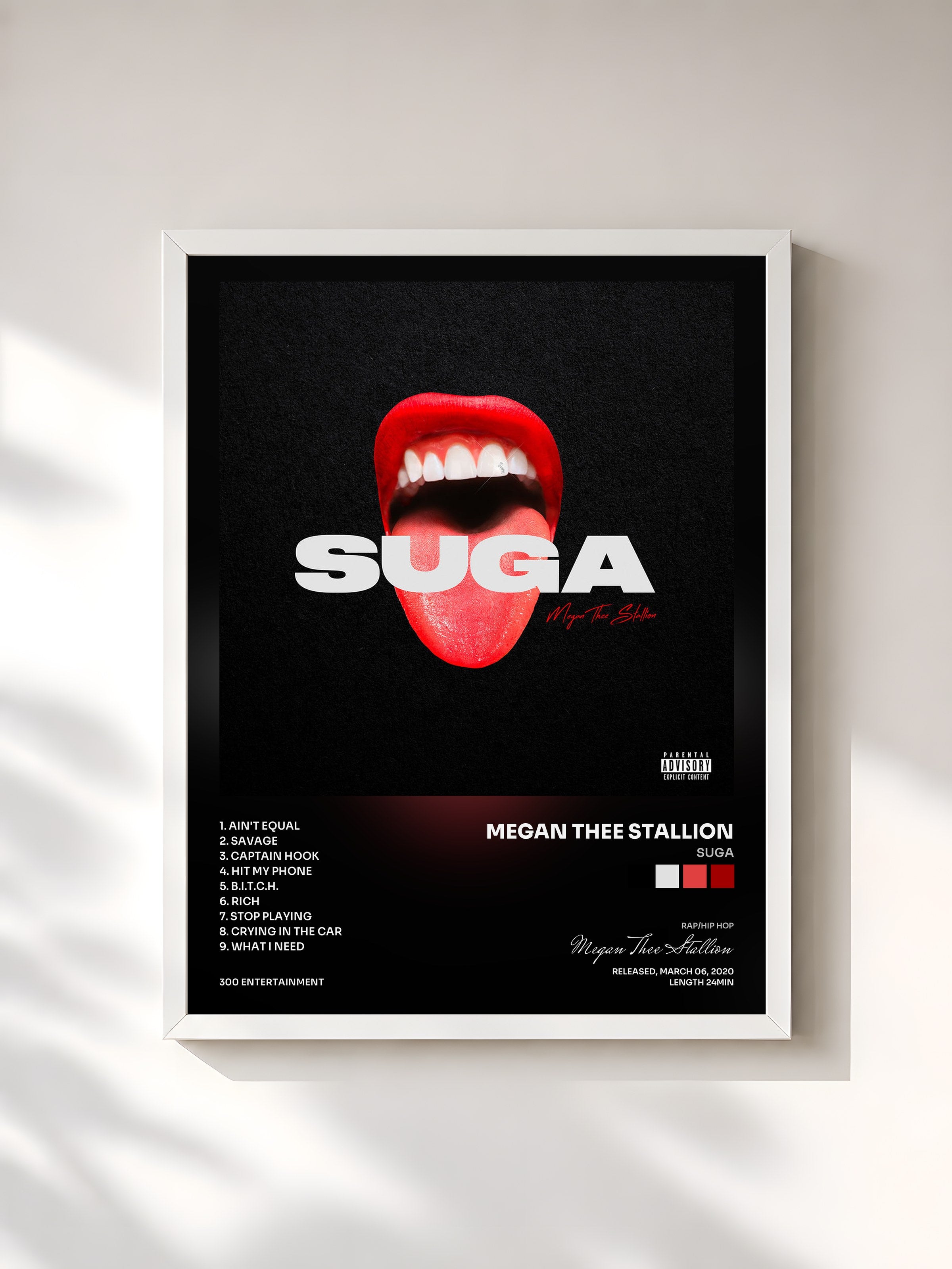 #blanc Tableau de l'album Suga de Megan Thee Stallion, cadre blanc, imprimé et encadré en France