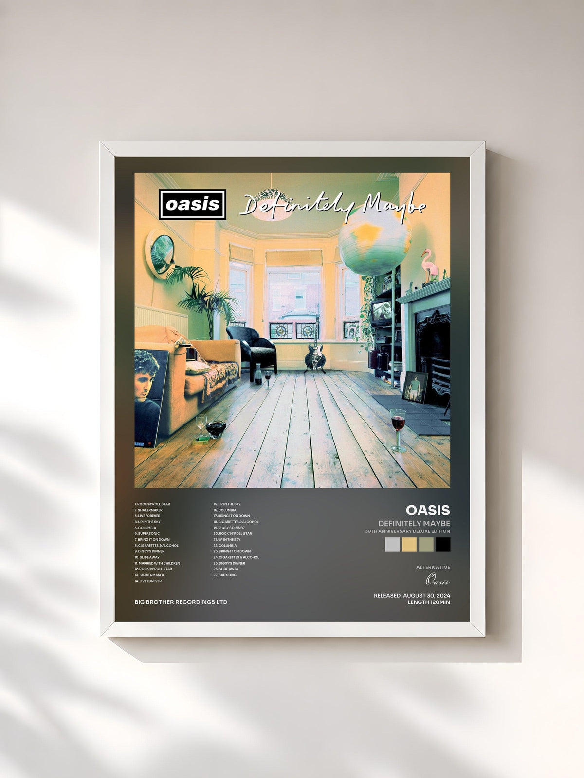 #blanc Tableau de l'album Definitely Maybe (30th Anniversary Deluxe Edition) de Oasis, cadre blanc, imprimé et encadré en France