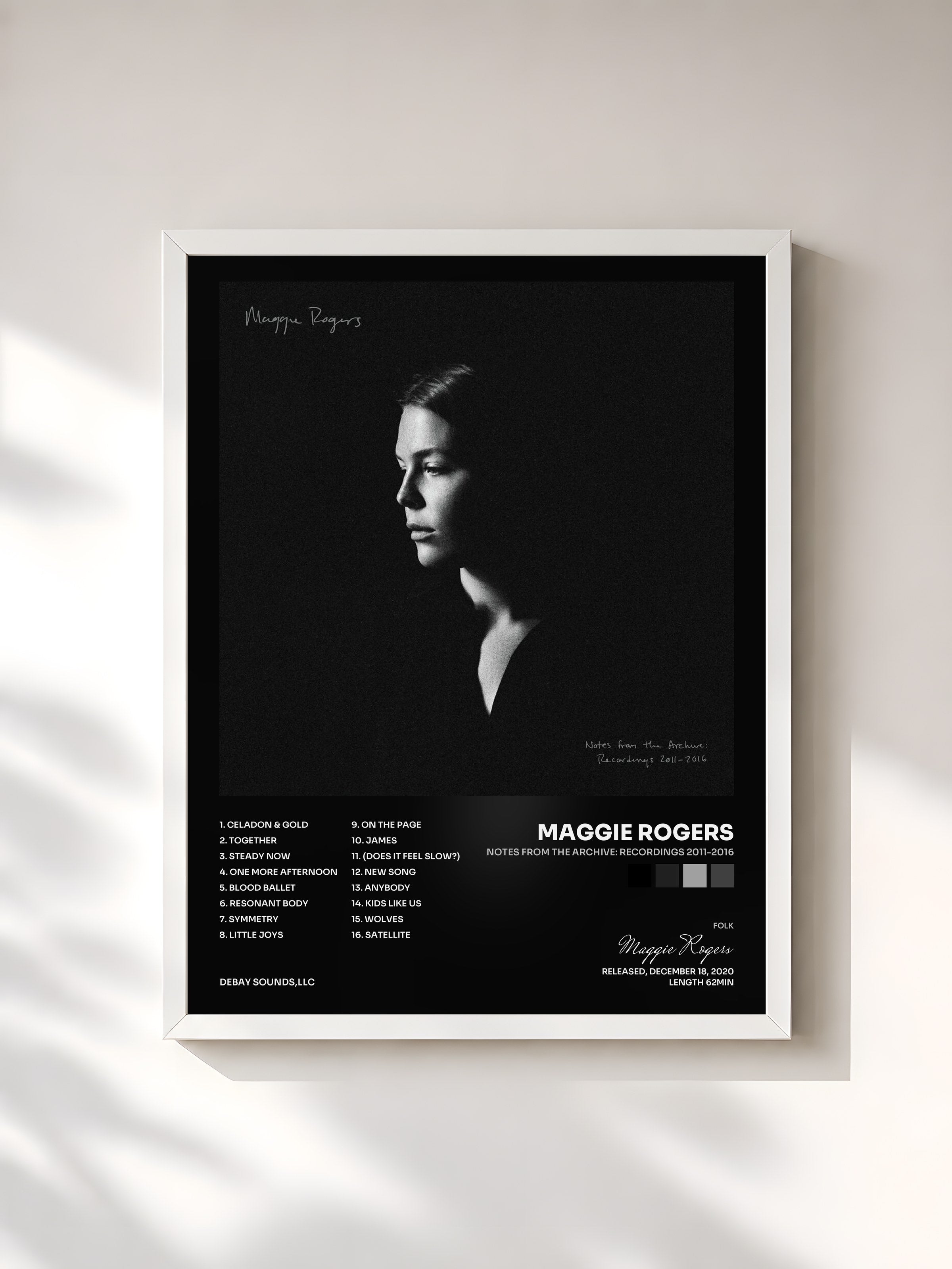 #blanc Tableau de l'album Notes from the Archive: Recordings 2011-2016 de Maggie Rogers, cadre blanc, imprimé et encadré en France