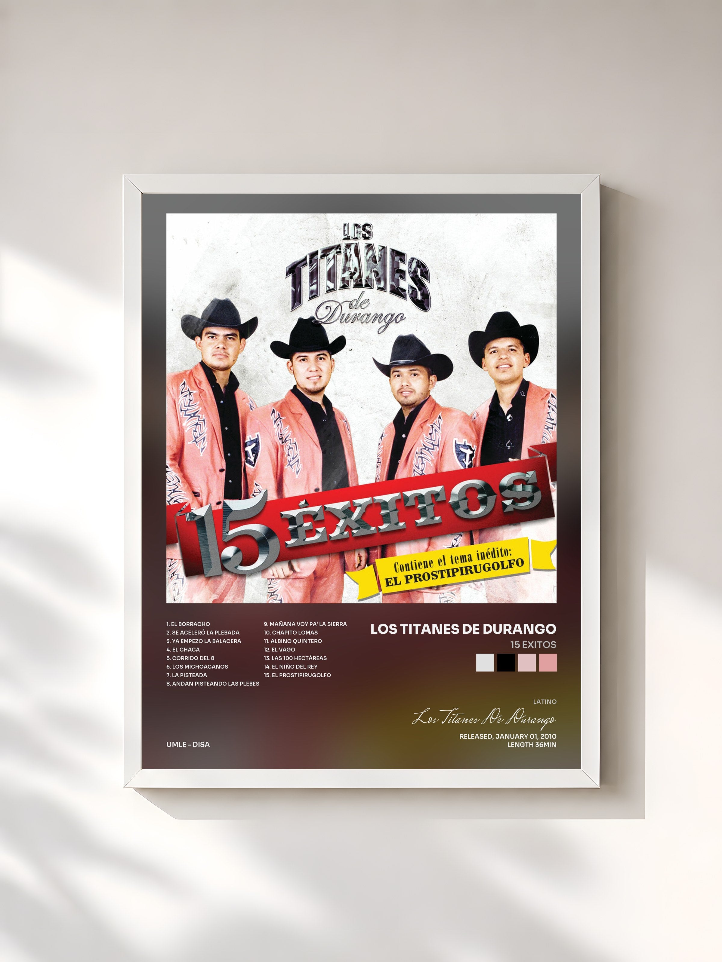#blanc Tableau de l'album 15 Exitos de Los Titanes De Durango, cadre blanc, imprimé et encadré en France