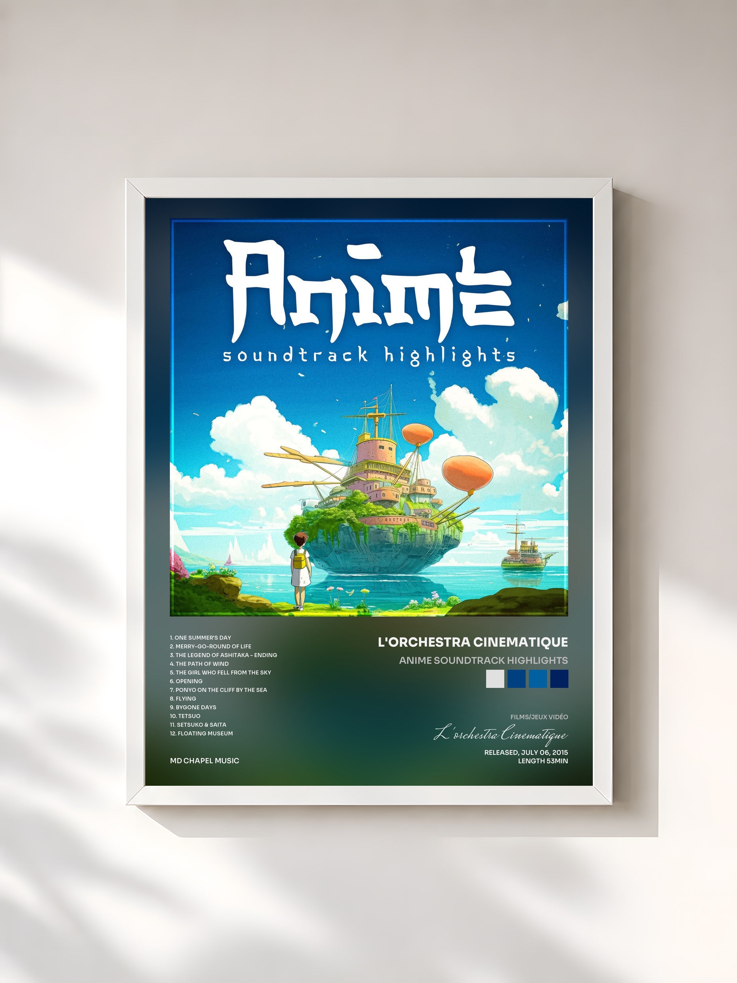 #blanc Tableau de l'album Anime Soundtrack Highlights de L'orchestra Cinematique, cadre blanc, imprimé et encadré en France