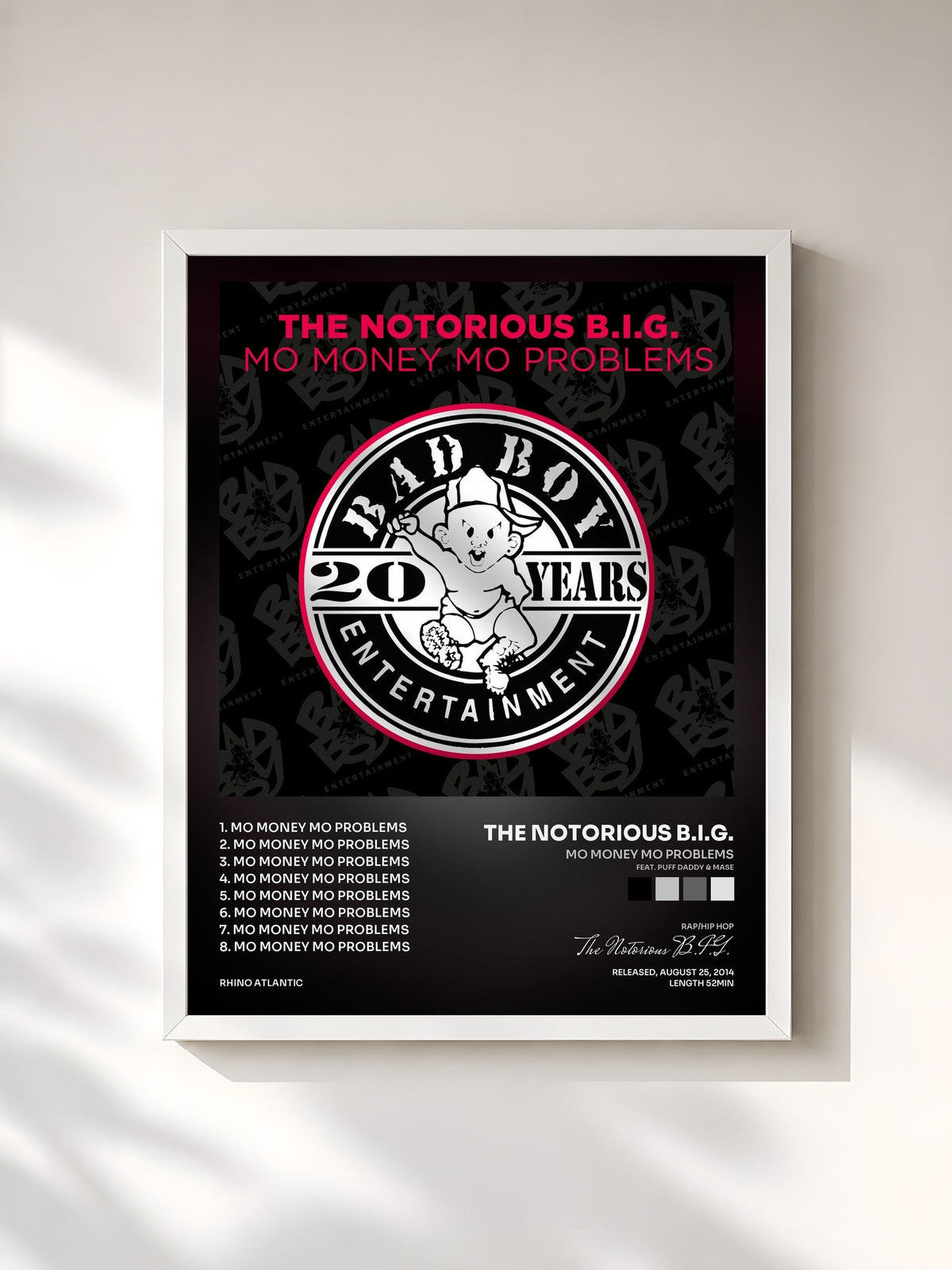 #blanc Tableau de l'album Mo Money Mo Problems (feat. Puff Daddy & Mase) de The Notorious B.I.G., cadre blanc, imprimé et encadré en France