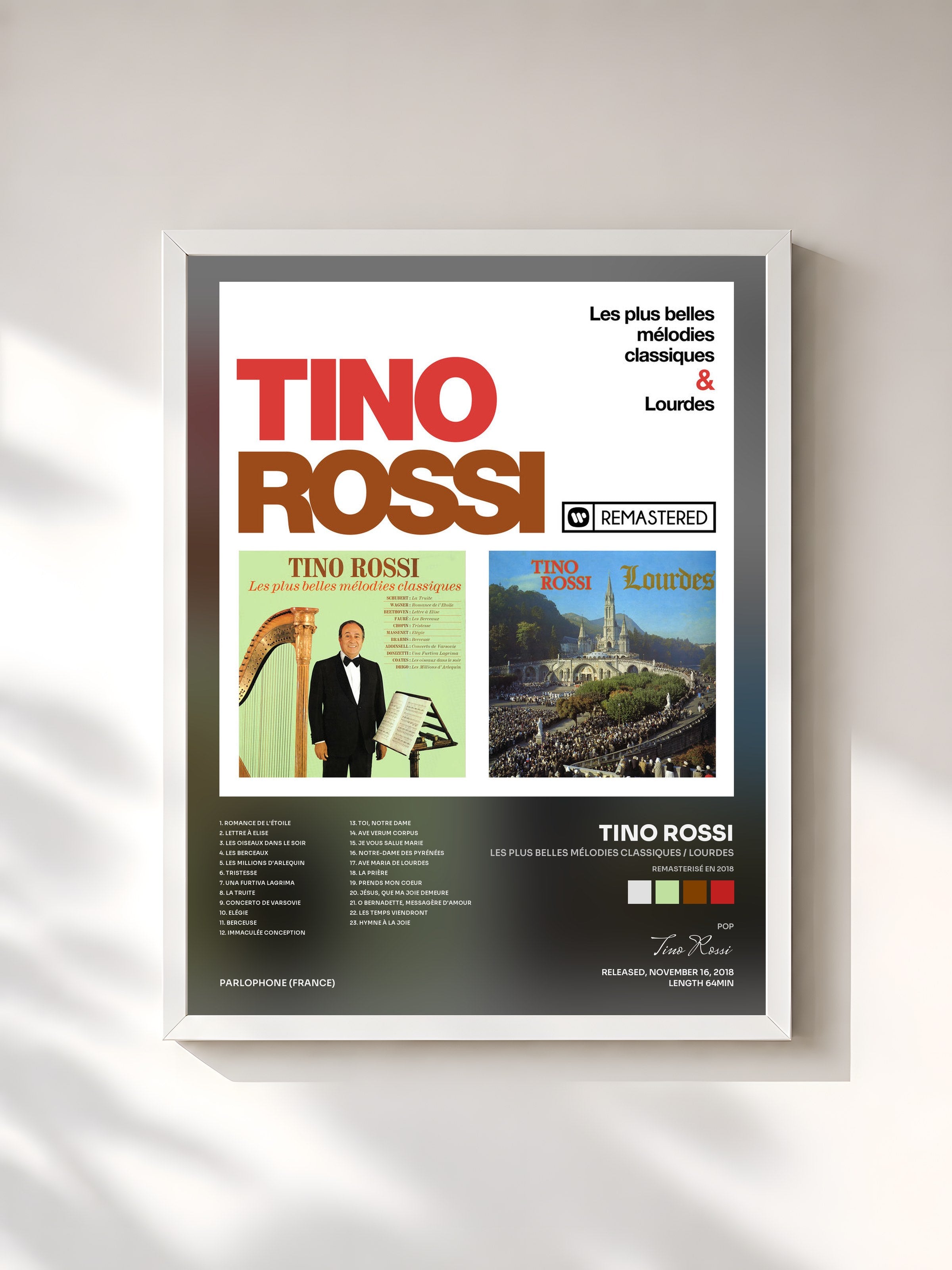 #blanc Tableau de l'album Les plus belles mélodies classiques / Lourdes (Remasterisé en 2018) de Tino Rossi, cadre blanc, imprimé et encadré en France