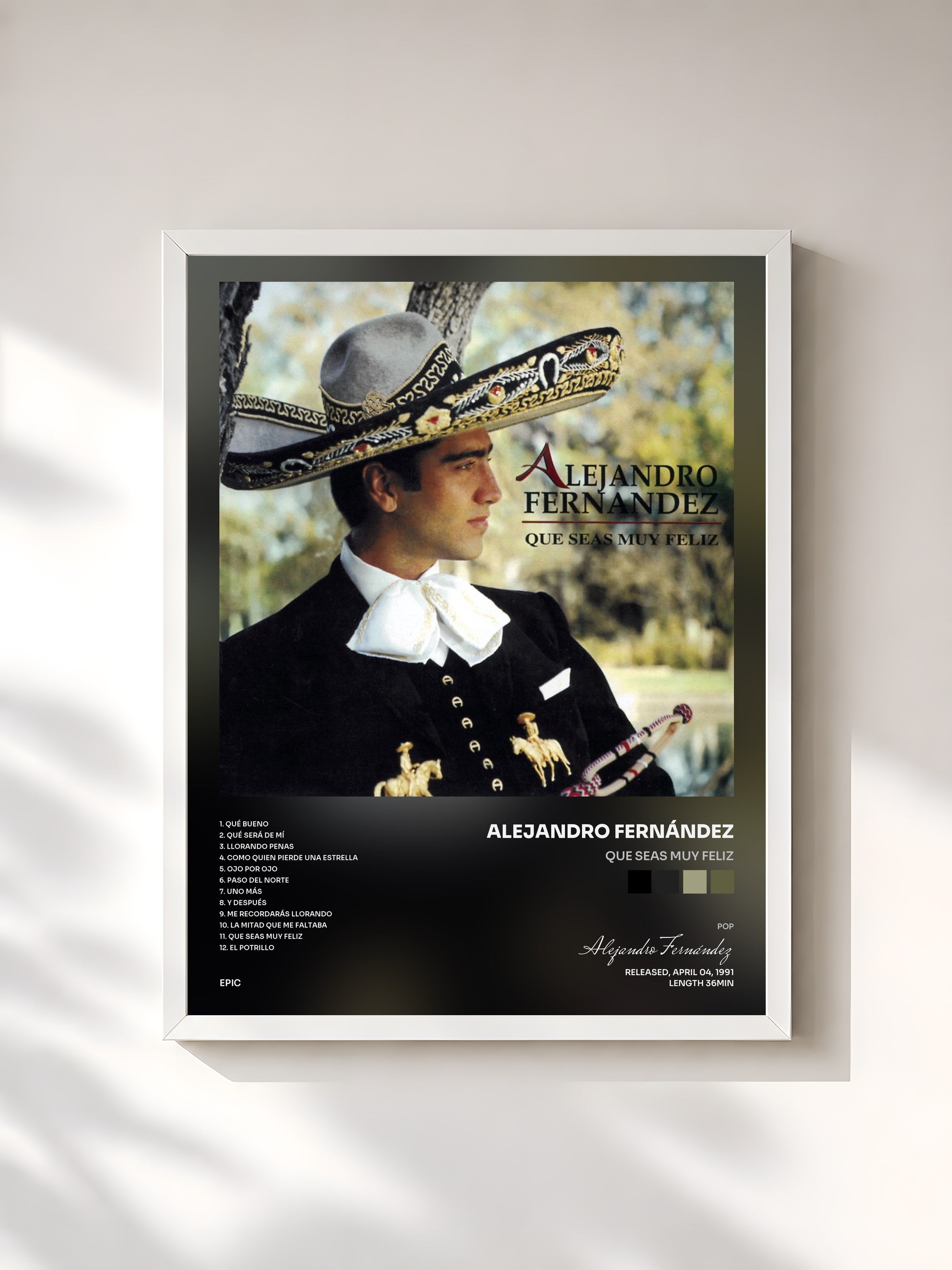 #blanc Tableau de l'album Que Seas Muy Feliz de Alejandro Fernández, cadre blanc, imprimé et encadré en France
