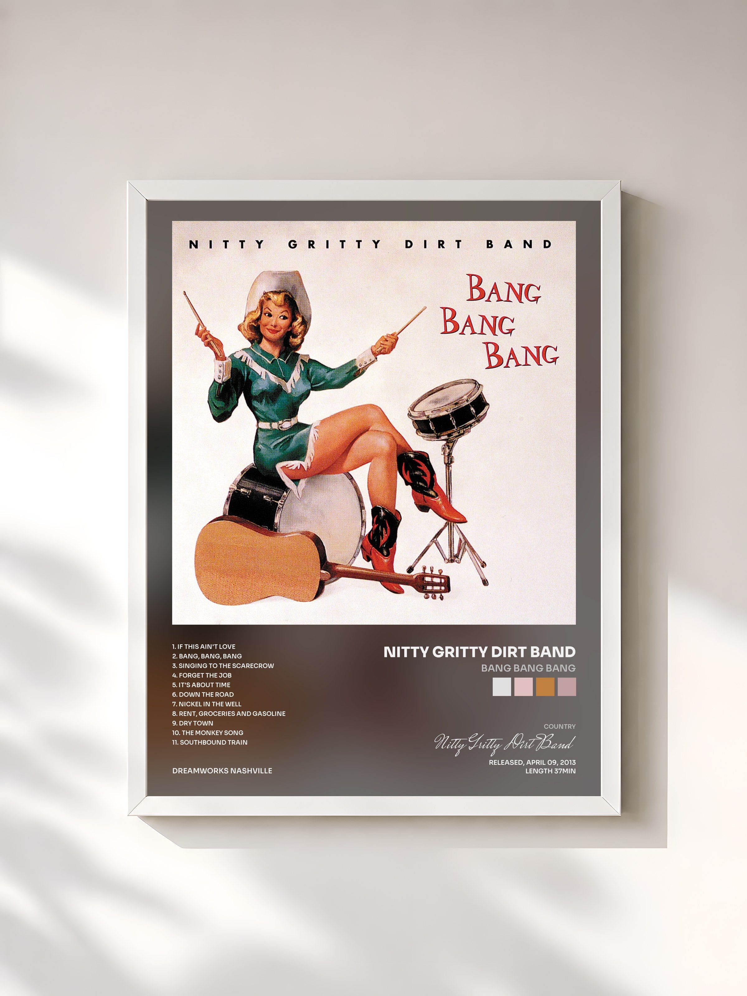#blanc Tableau de l'album Bang Bang Bang de Nitty Gritty Dirt Band, cadre blanc, imprimé et encadré en France