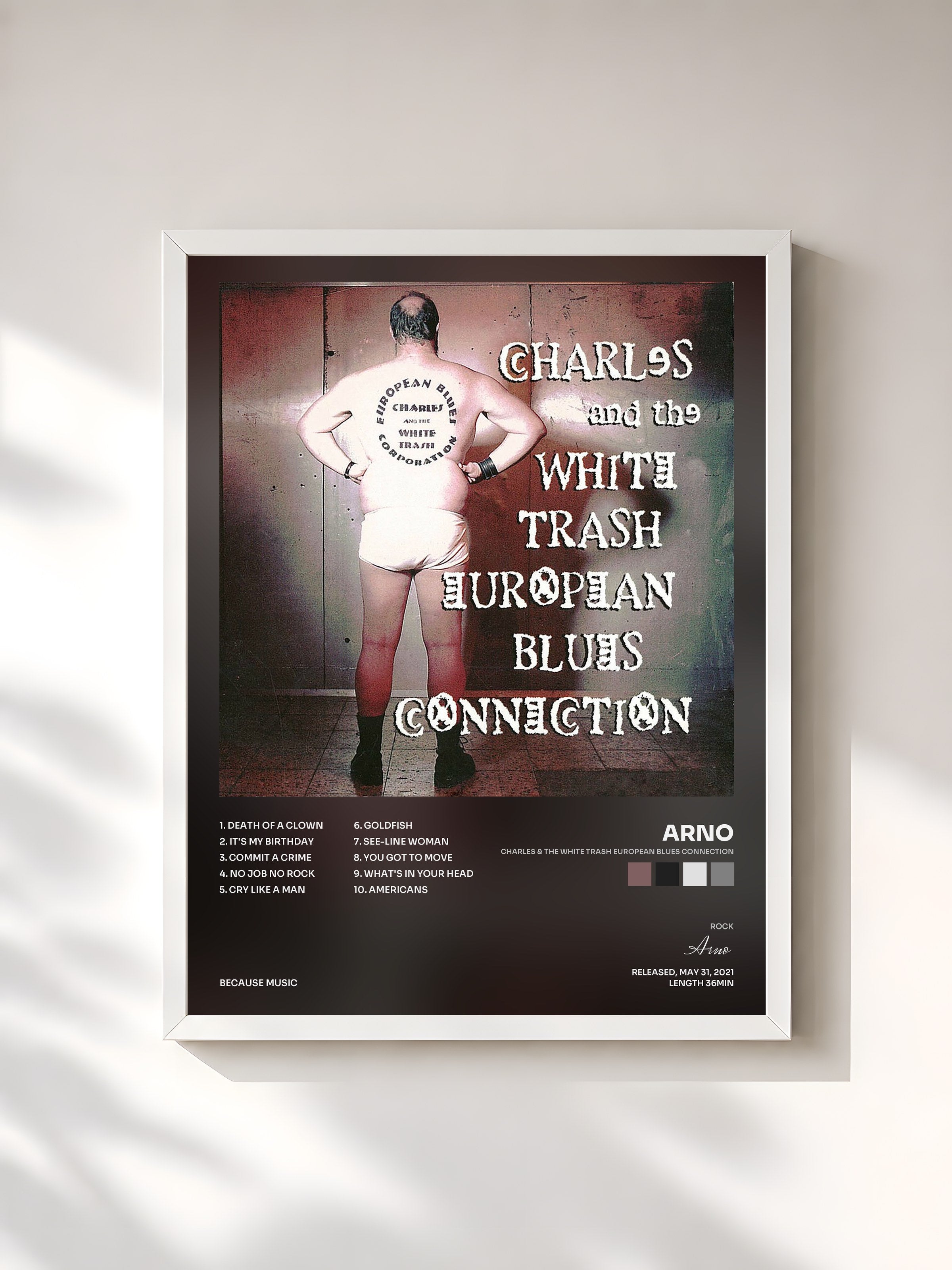 #blanc Tableau de l'album Charles & The White Trash European Blues Connection de Arno, cadre blanc, imprimé et encadré en France