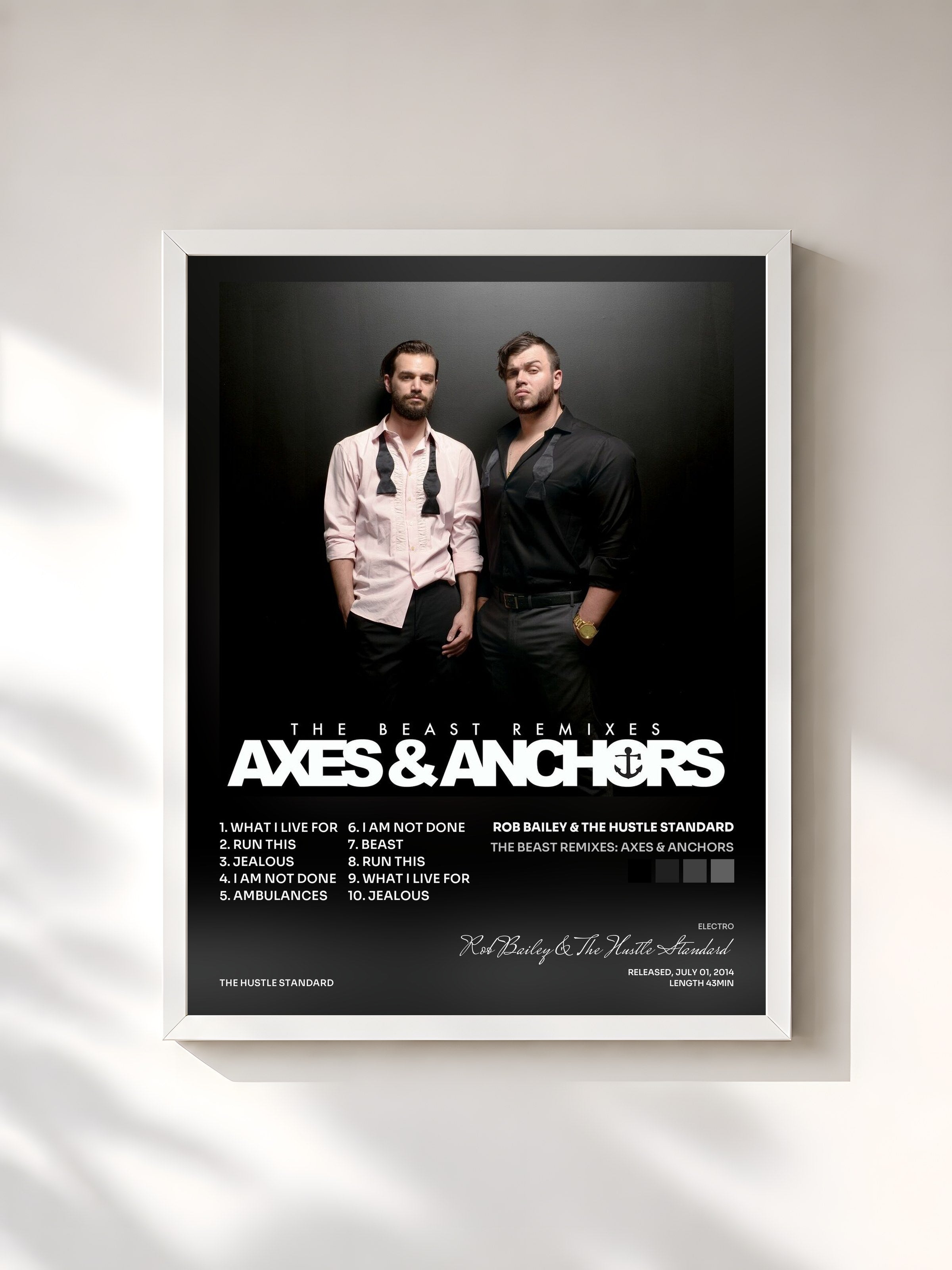 #blanc Tableau de l'album The Beast Remixes: Axes & Anchors de Rob Bailey & The Hustle Standard, cadre blanc, imprimé et encadré en France