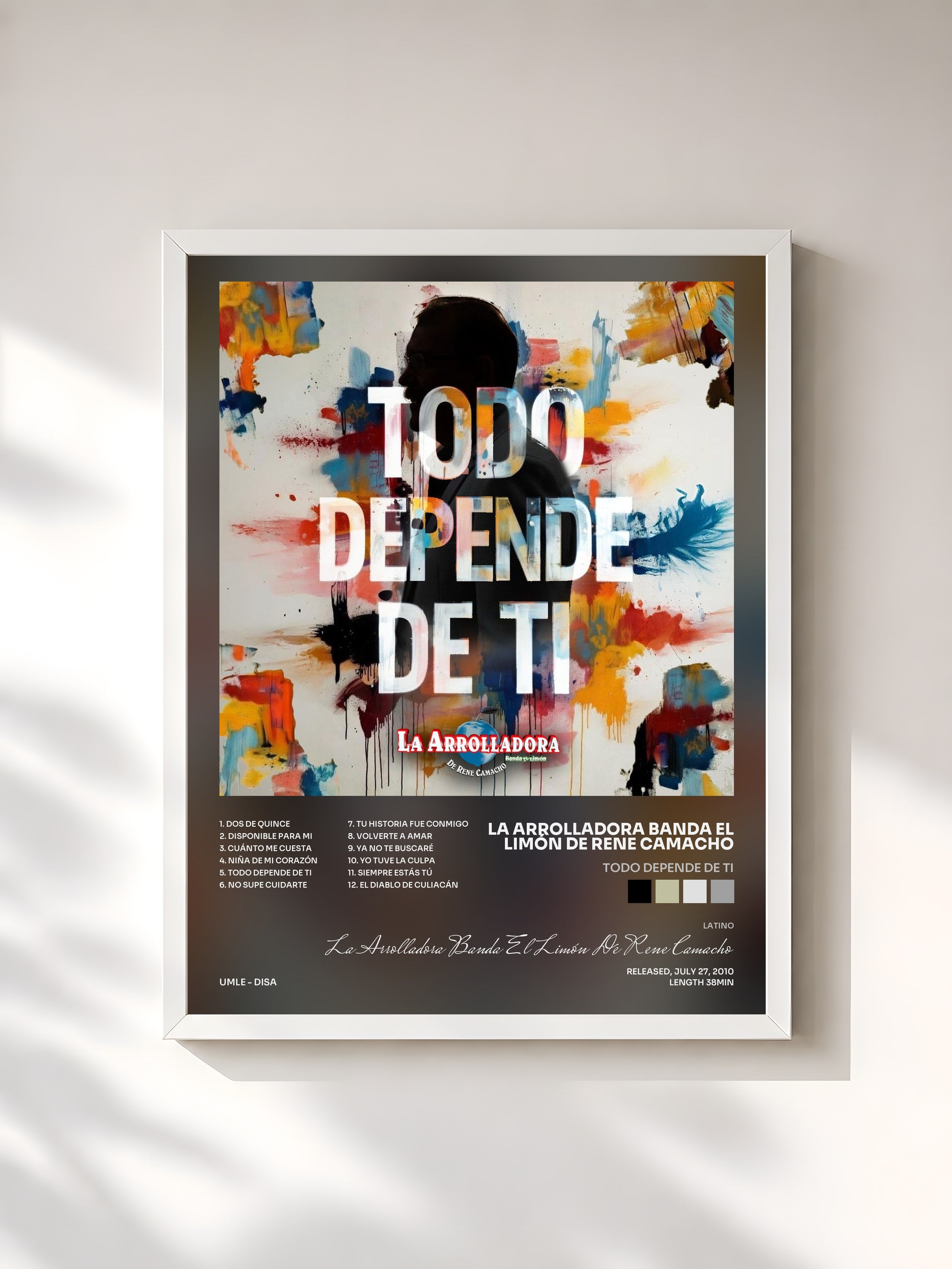 #blanc Tableau de l'album Todo Depende De Ti de La Arrolladora Banda El Limón De Rene Camacho, cadre blanc, imprimé et encadré en France