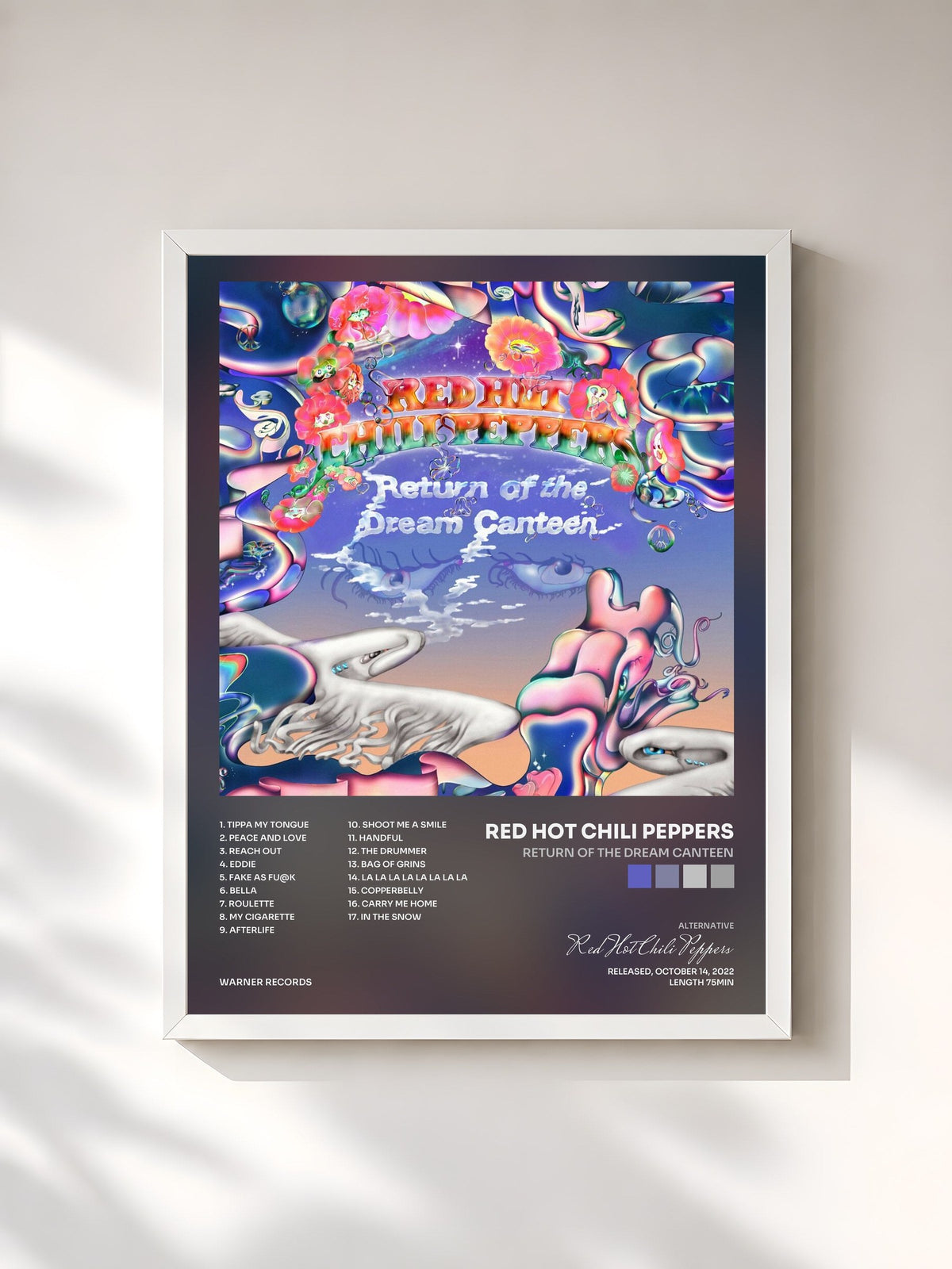 #blanc Tableau de l'album Return of the Dream Canteen de Red Hot Chili Peppers, cadre blanc, imprimé et encadré en France
