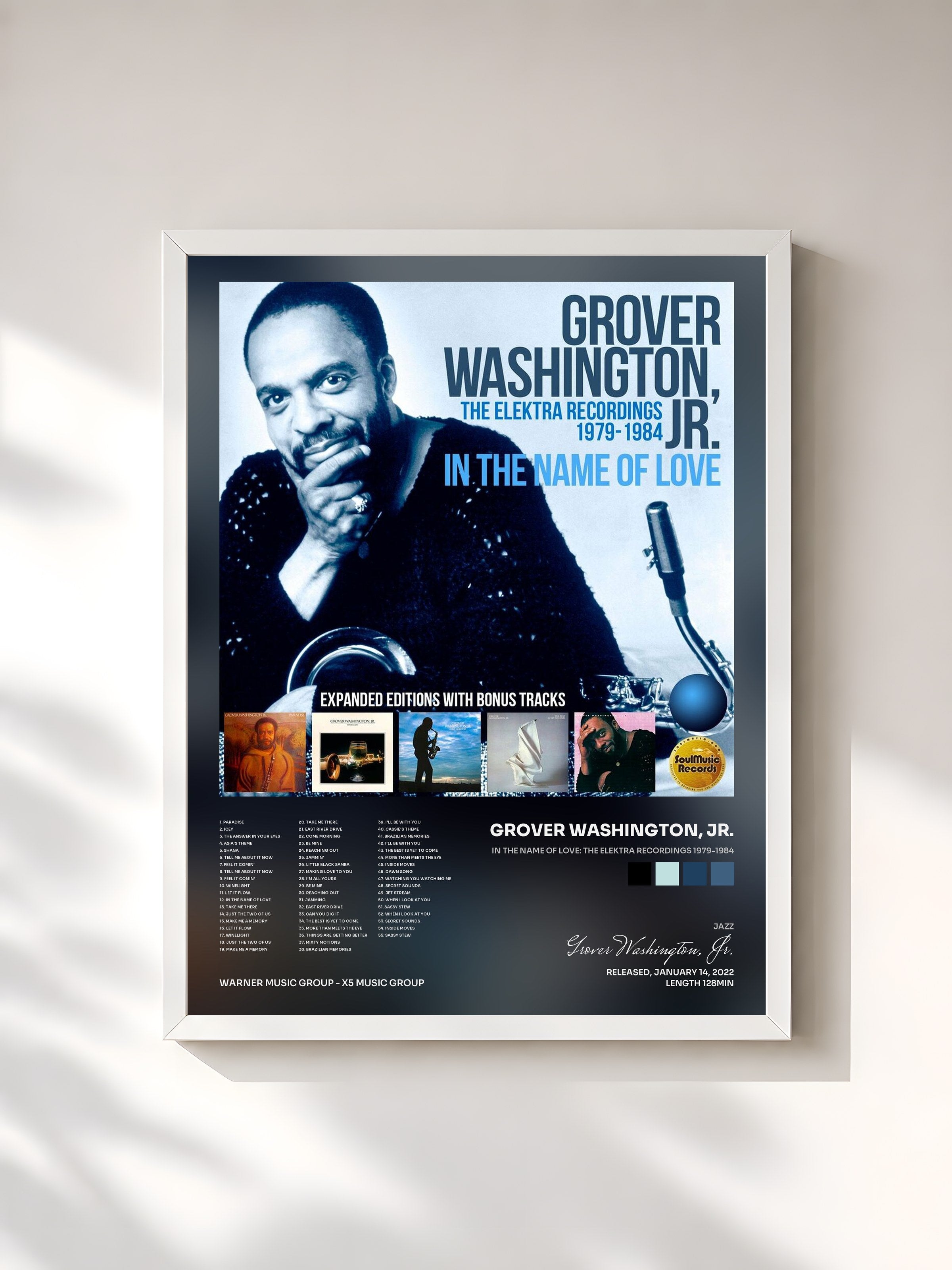 #blanc Tableau de l'album In the Name of Love: The Elektra Recordings 1979-1984 de Grover Washington, Jr., cadre blanc, imprimé et encadré en France