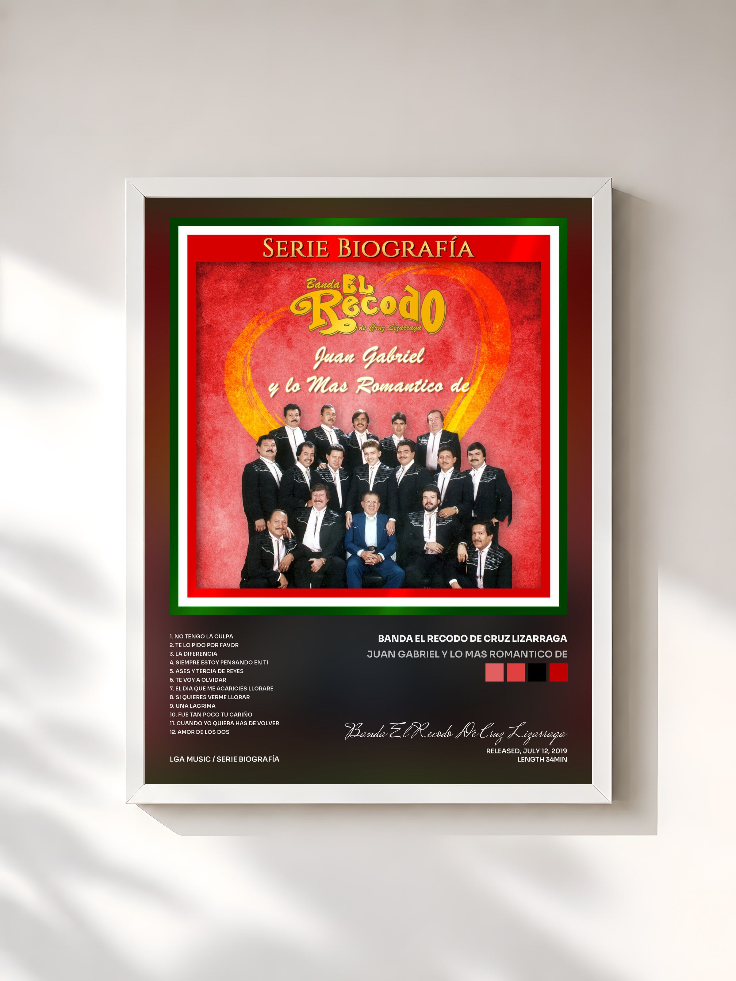 #blanc Tableau de l'album Juan Gabriel y Lo Mas Romantico De de Banda El Recodo De Cruz Lizarraga, cadre blanc, imprimé et encadré en France